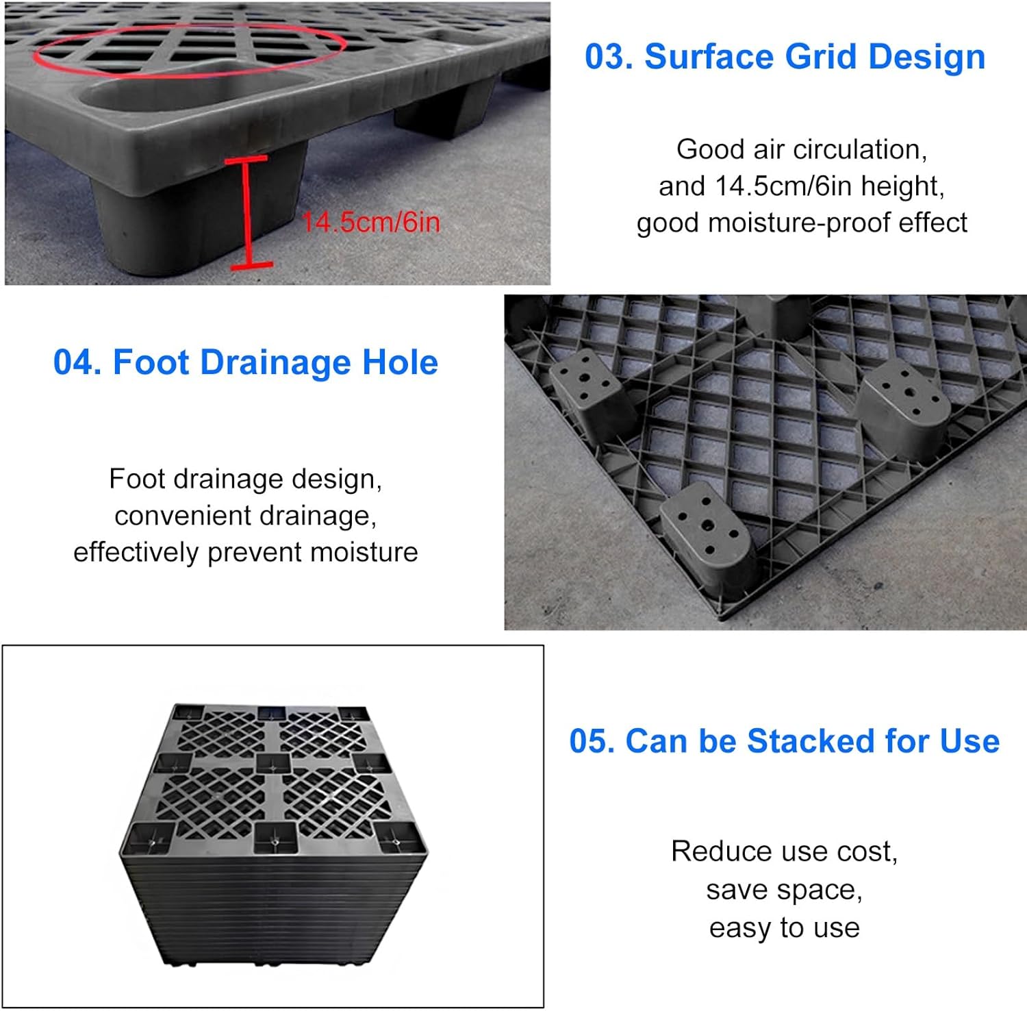 Plastic Pallet, Floor Pallet Lightweight Waterproof, Stackable Plastic Pallets for Outside with Breathable Grid for Garage Warehouse Supermarket Basement(120x80cm/47x31in)