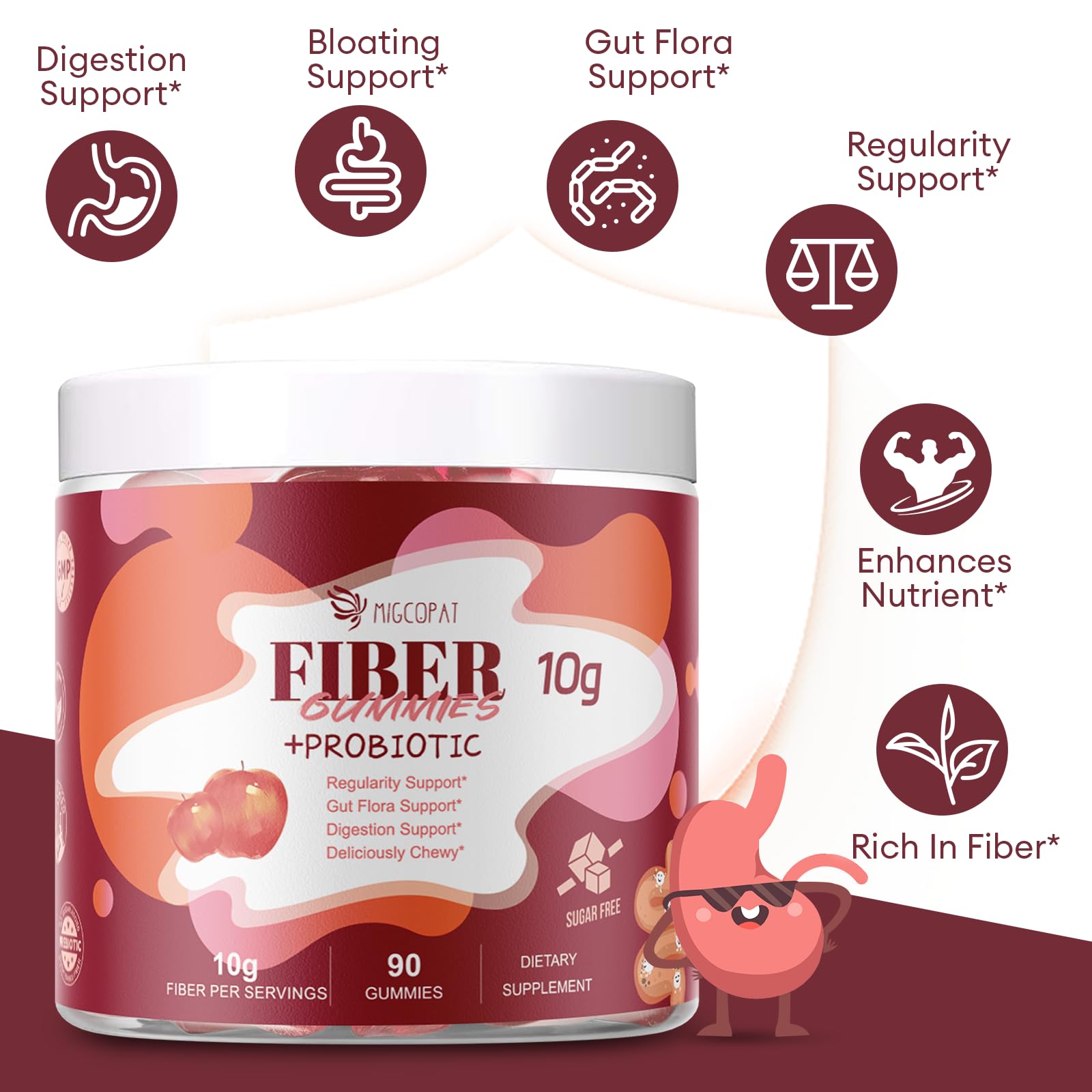 Migcopat Fiber Gummies with Probiotics,10G Fiber per Serving No Sugar Added Apple Flavor, with 10 Billion CFU Probiotics Blend, Apple Cider Vinegar, Vitamin C, Inulin, Bloating Support 90 Count — Amazon image 4