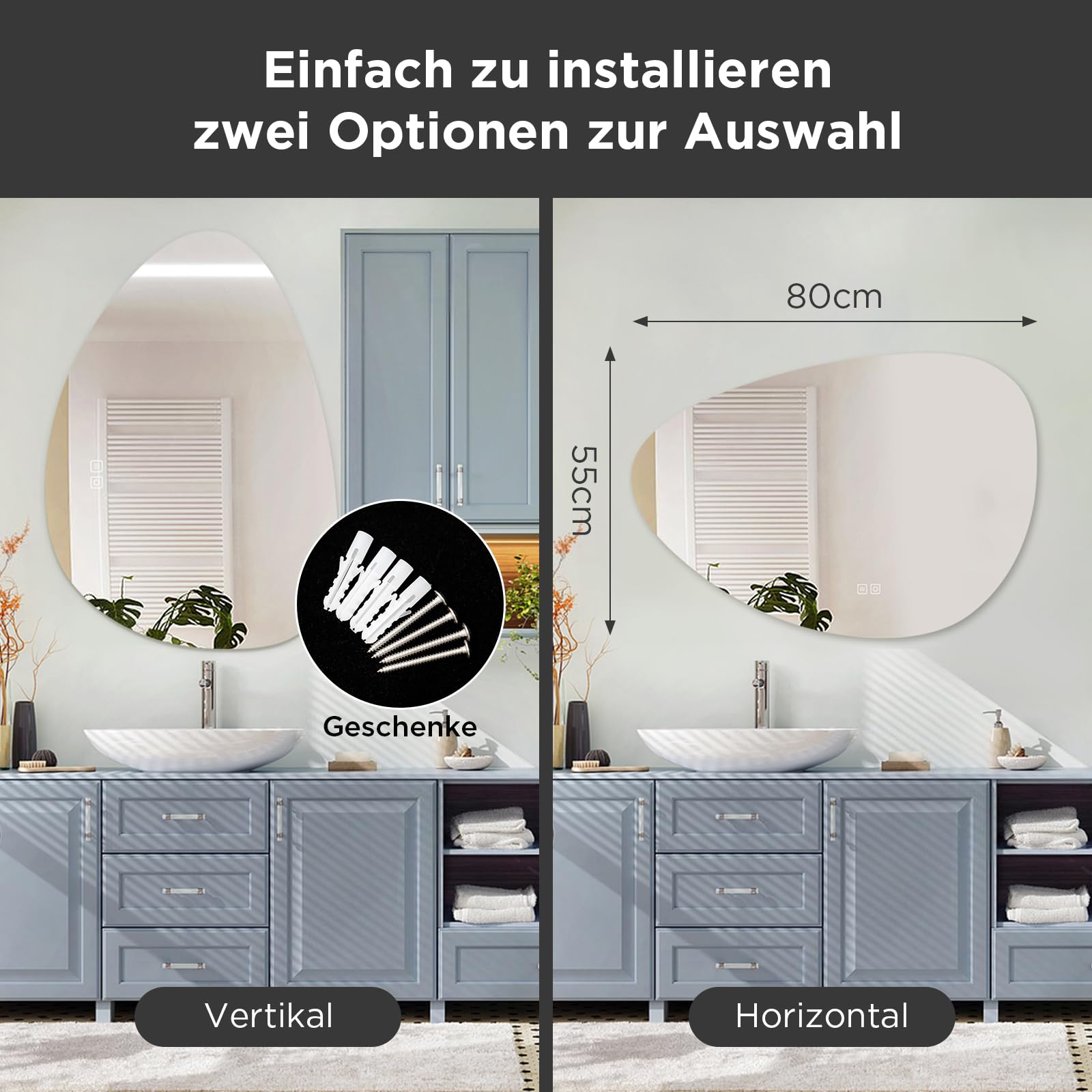 SANYCASA Espejo de baño inteligente con iluminación LED, antivaho, regulable, 3 temperaturas de color, asimétrico, sensible al tacto, sin agujeros, 80 x 55 cm