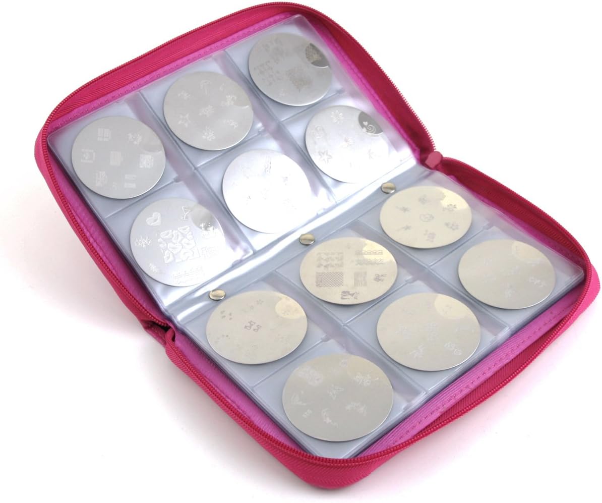 PUEEN Super Slim 168 Nail Stamping Plates Synthetic Leather Holder Case Organizer in Hot Pink Rosy Lace Pattern-BH000002