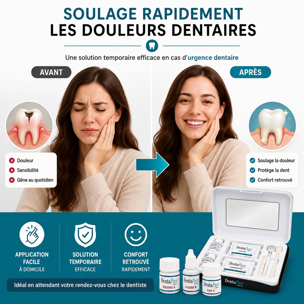 Kit Urgence Dentaire Indispensable – Pansement Dentaire & Ciment Dentaire – Soulage les Douleurs Dentaires – Réparation Dentaire Provisoire – Certifié CE – Entreprise Française (Français)