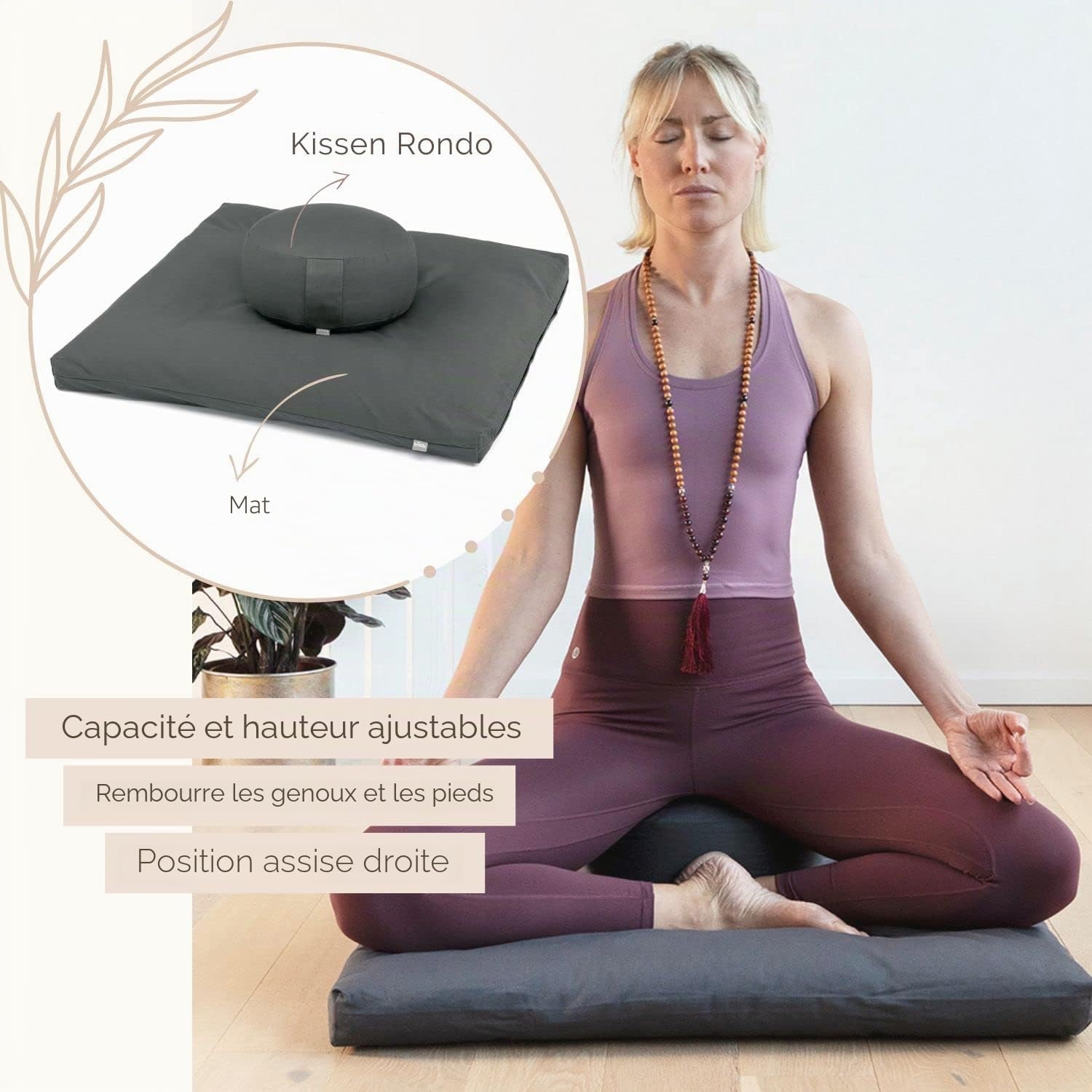 Bodhi Kit de méditation Eco | Coussin de méditation Rondo + Zabuton épeautre | Anthracite