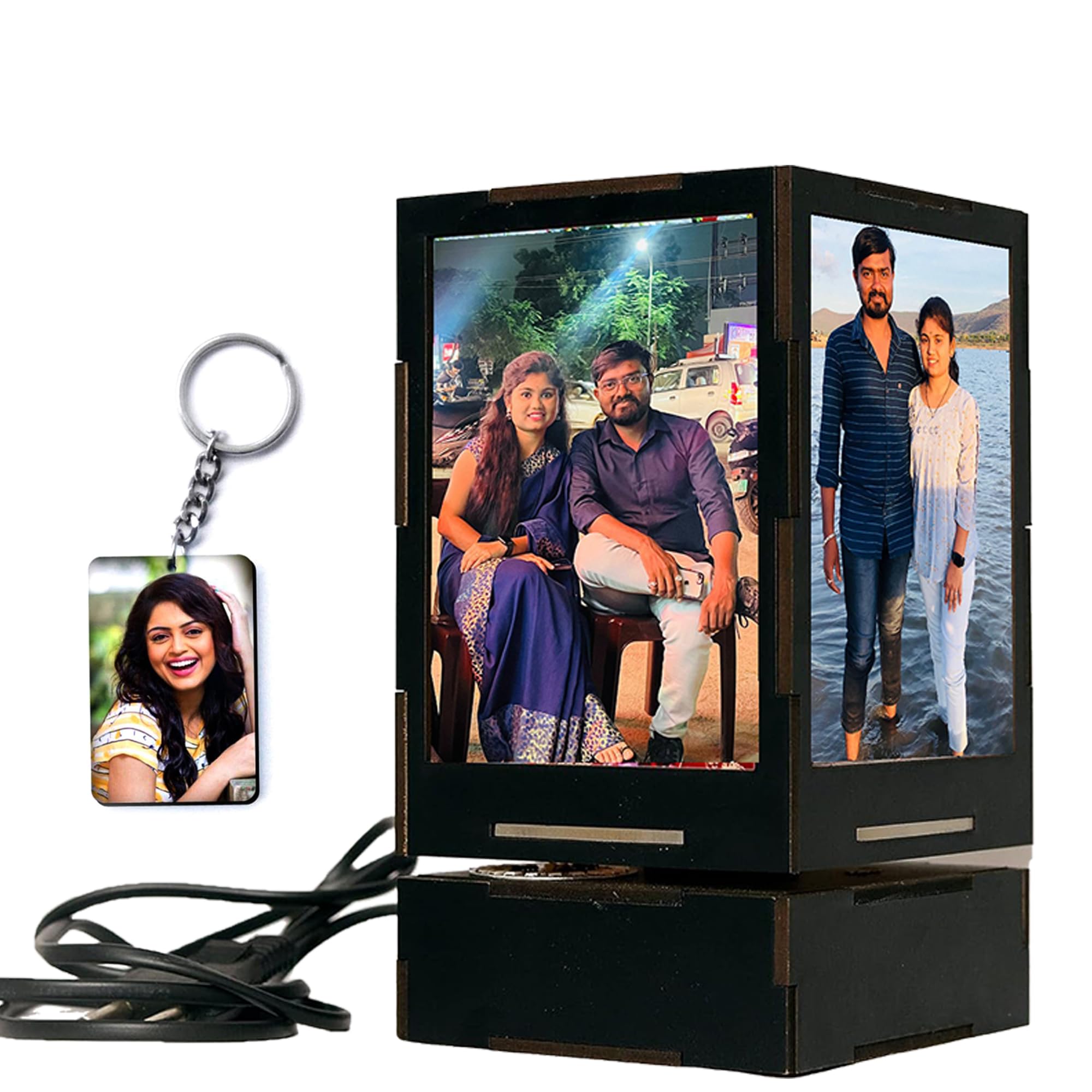 Solucky Personalized Table Lamps with Personalized Photo Frames with 5 to 7 Photos- Rotating Cube Gift, Home & Bedroom Decorative Light Frame Set (Black, Pack of 1)