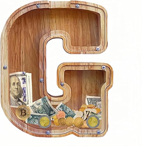 Miniatura 43 de Alcancía grande para niños y niñas, alcancía de madera personalizada con diseño recortado, bancos de monedas de letras del alfabeto, caja de ahorro