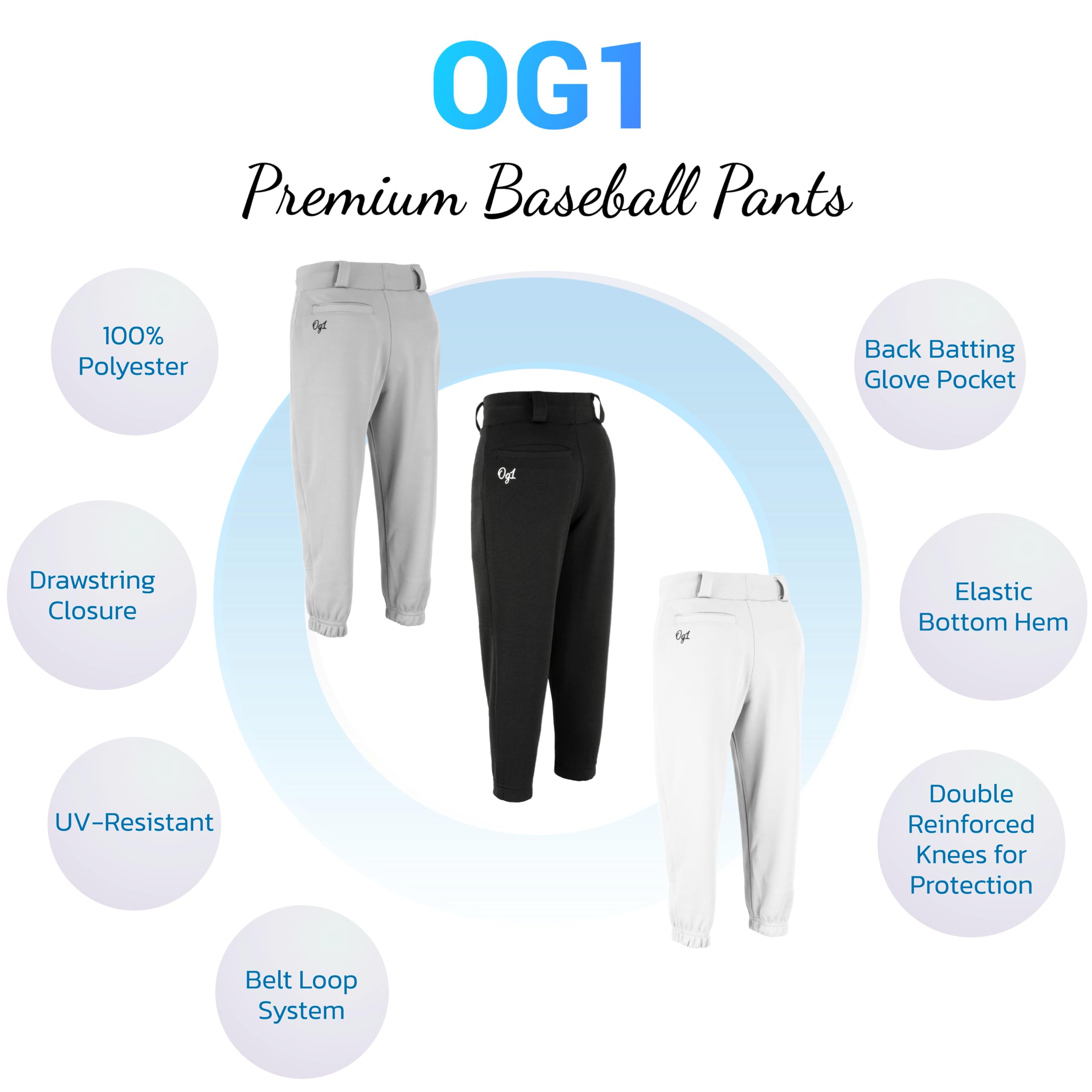 OG1 Premium-Baseballhose für Jugendliche, 100 % Polyester, volle Länge, elastische Unterseite