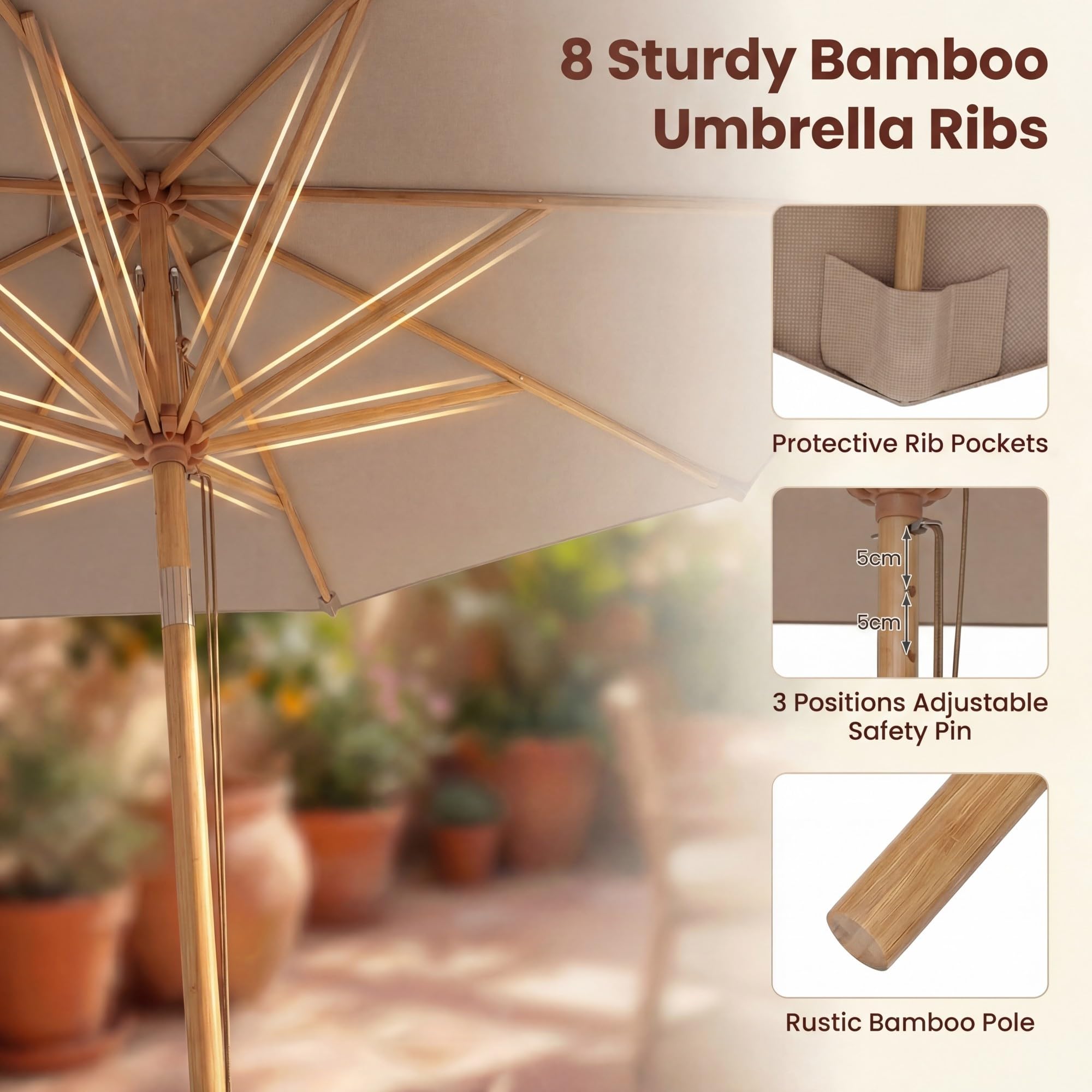 KOMFOTTEU Ombrellone da Giardino Rotondo da 270 cm, Inclinazione e Altezza Regolabile, Ombrellone da Esterno con Struttura in Bambù, 8 Stecche, Anti UV, per Balcone, Terrazzo, Spiaggia