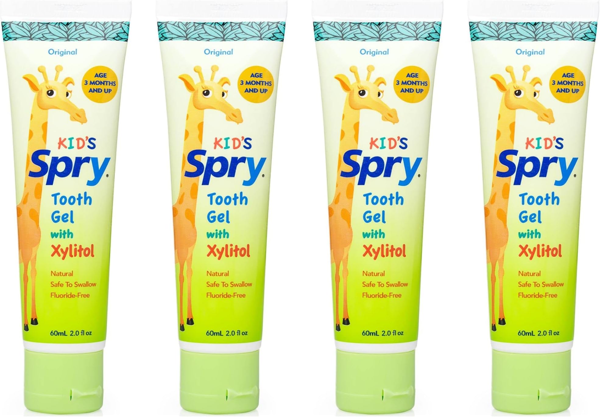 Spry Natural Xylitol Toothpaste for Baby, Toddler and Kids Age 3 Months and Up - Fluoride Free Tooth Gel, Tasty, Support Development of Emerging Teeth, Original 2 Fl Oz (Pack of 4)