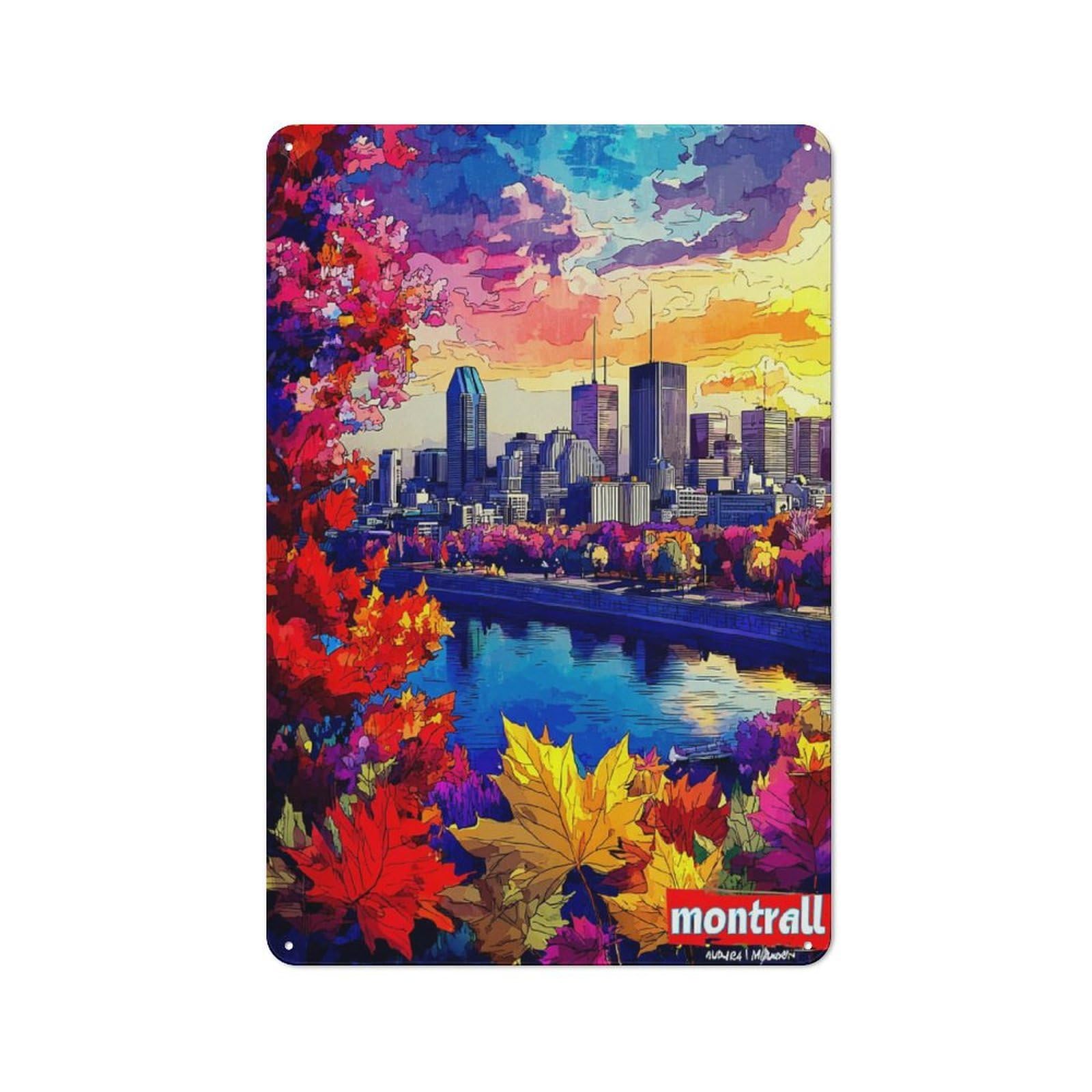 Metal Wall Sign with Autumn Colors in Montréal Skyline -2 Design 30x20cm, Loft Style Studio Wall Art for Flat, Bar, Studio Or Gallery Wall