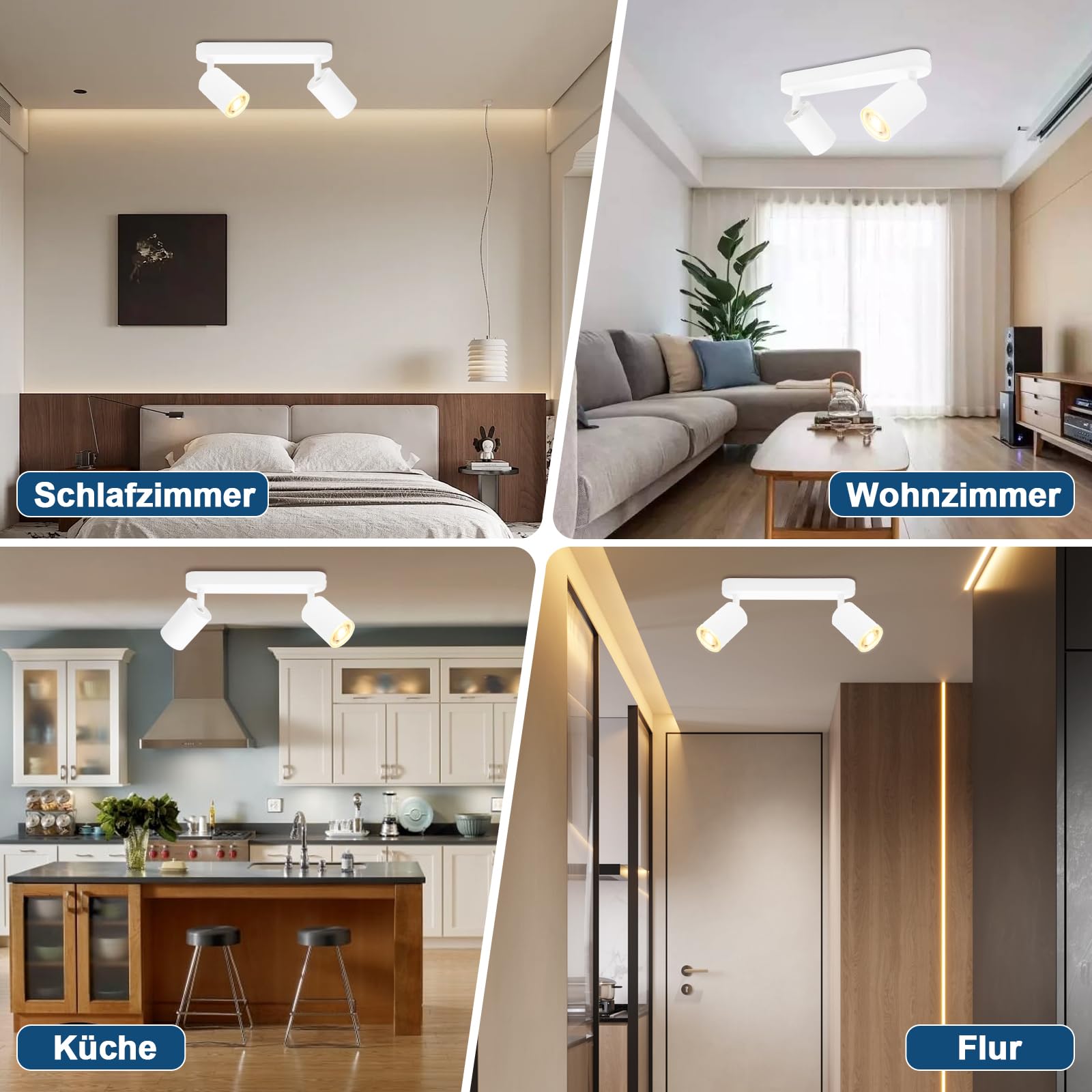 KYOTECH Lámpara de techo blanca con 2 focos Lámpara de techo LED de 5W orientable y giratoria incluida bombilla GU10 3000K 420LM Focos de techo para cocina, dormitorio, sala de estar