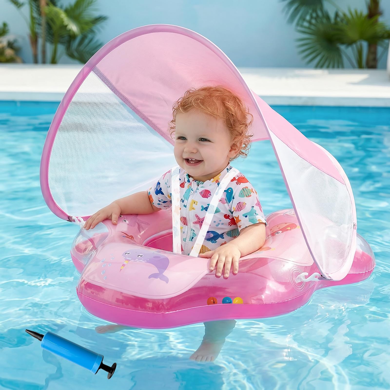 Olycism Salvagente Neonato con Parasole UPF50+ Ciambella Neonato Mare con Pompa ad Aria e Kit di Patch Materiali Adatti ai Bambini Carico massimo 20 kg per Bambini Rosa