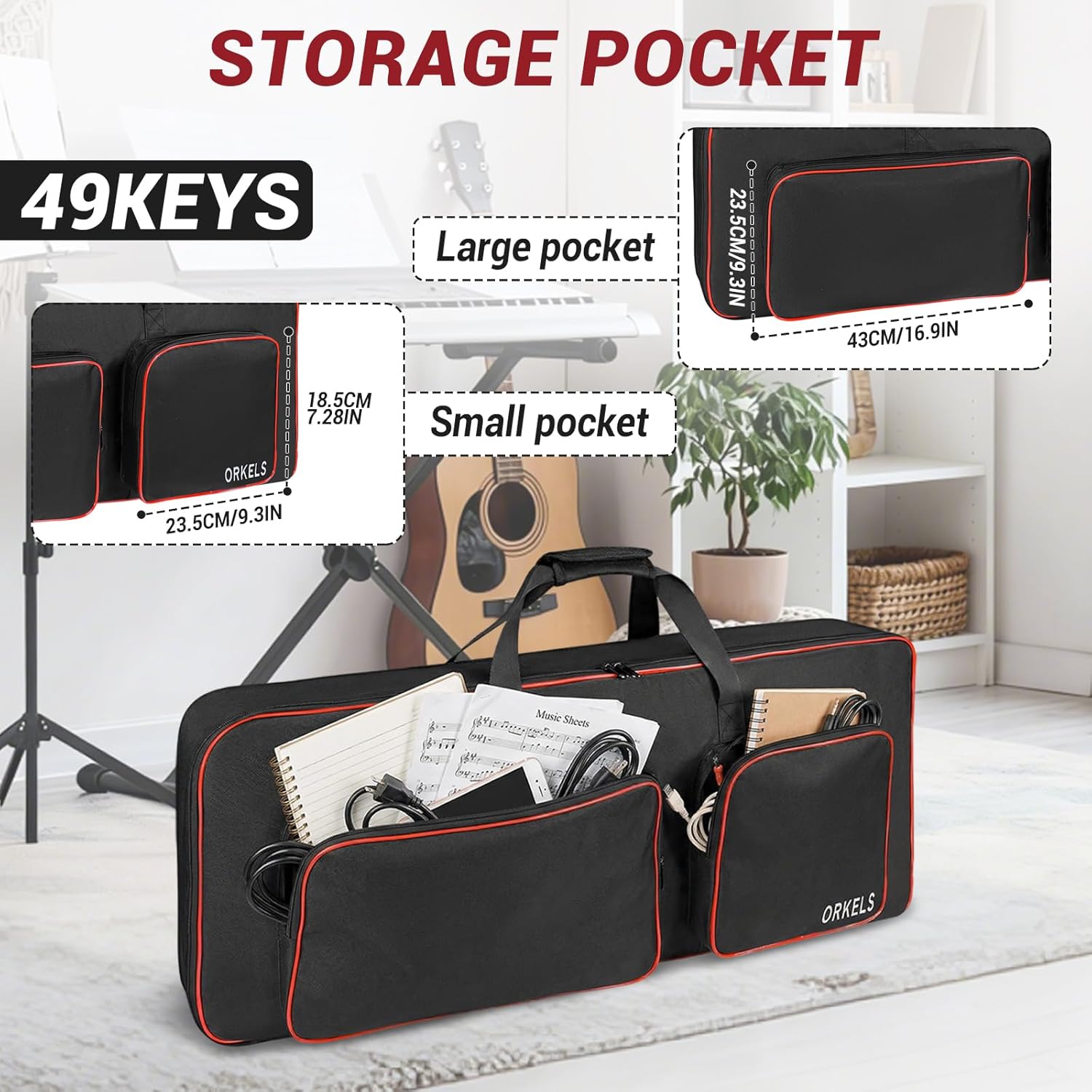 ORKELS 49-Key Keyboard Case, Fully Padded Electric Piano Gig Bag with 10mm Pearl Cotton, Adjustable Shoulder Straps, Carry Handles & Large Accessory Pocket