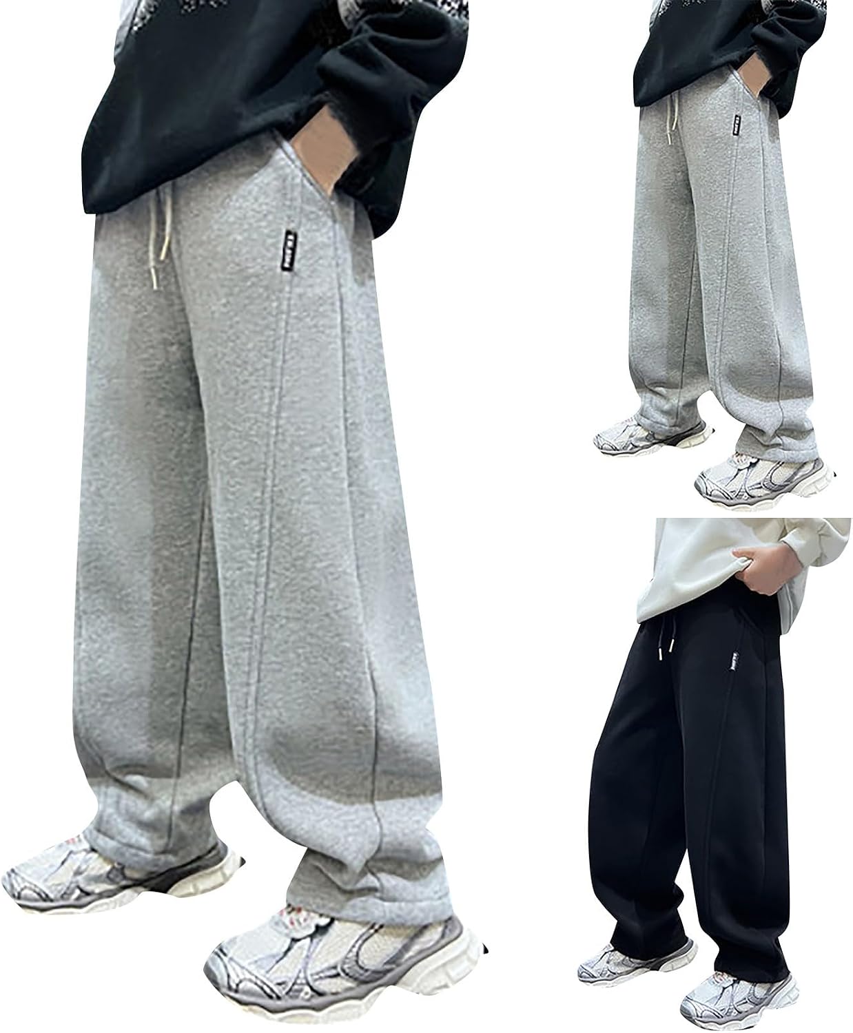 Teen Boys Fleece Lined Sweatpants Winter Warm Elastic Waist Joggers with Pocket Boys Thick Casual Athletic Loose Jogger Pants