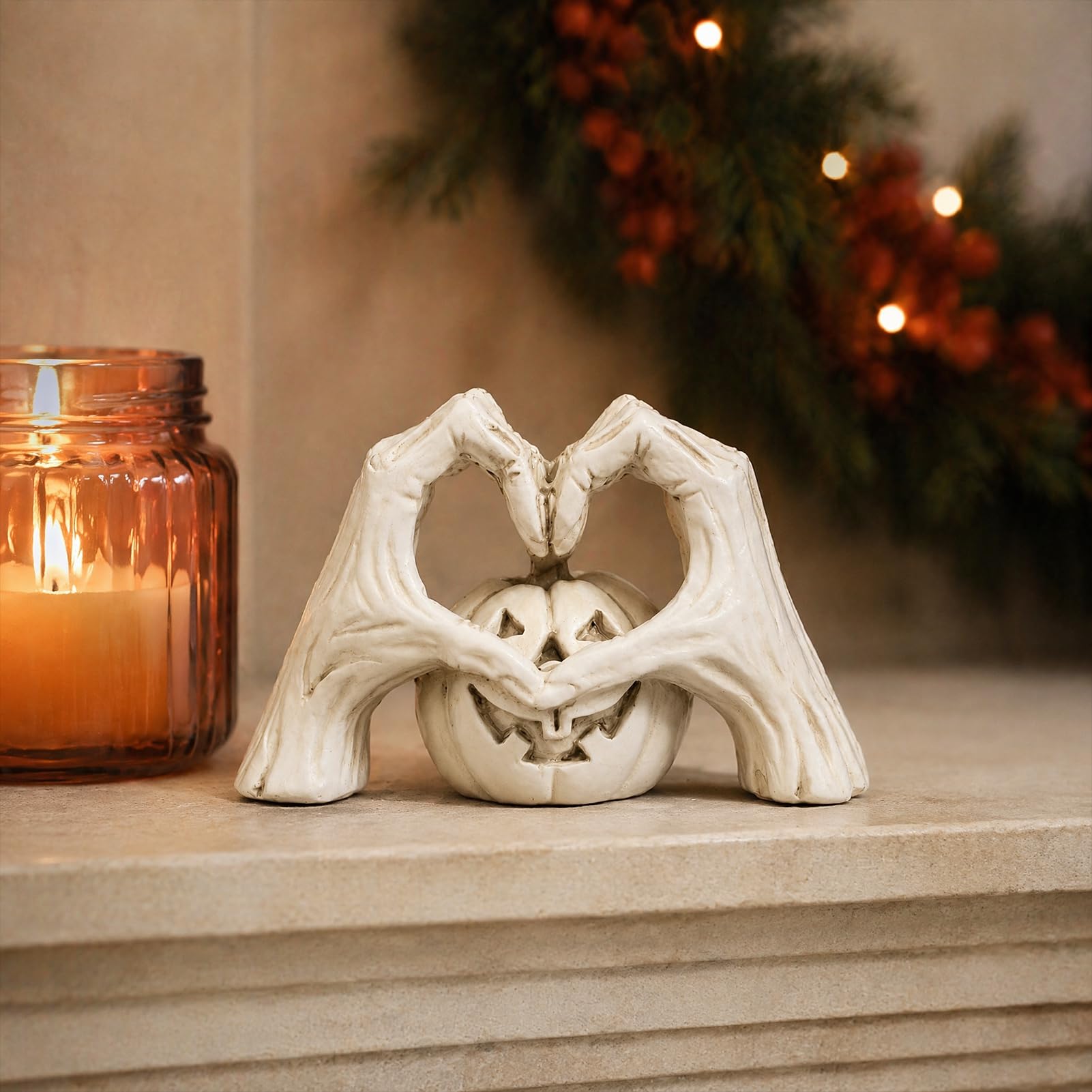 Quoravel Gothic Skeleton Heart Hand Sculpture, Spooky Halloween Resin Abstract Pumpkin Statue, Heart Shape Finger Gesture Love Ornaments for Shelf Home Desktop Decor White