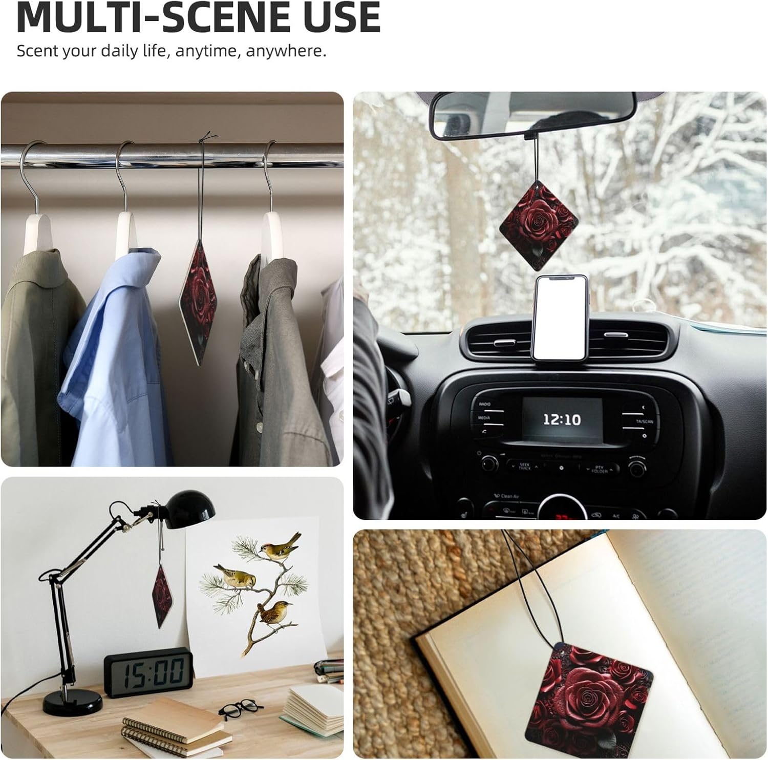 Car Air Freshener 100 PCS Red Rose and Heart Shape Hanging Car Air Fresheners Auto Interior Decor Card Freshener Strong Scented Card Lavender Cars Scents for Office Bedroom Close Drawer Square