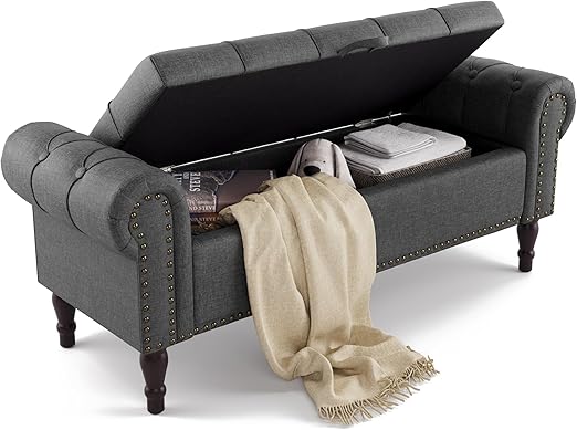 Storage Bench, 50” Queen Linen Tufted Button End of Bed Bench with Rolled Arm and Nailhead Trim, Upholstered Bedroom Bench, Ottoman Bench for End of Bed, Living Room, Entryway, Gray