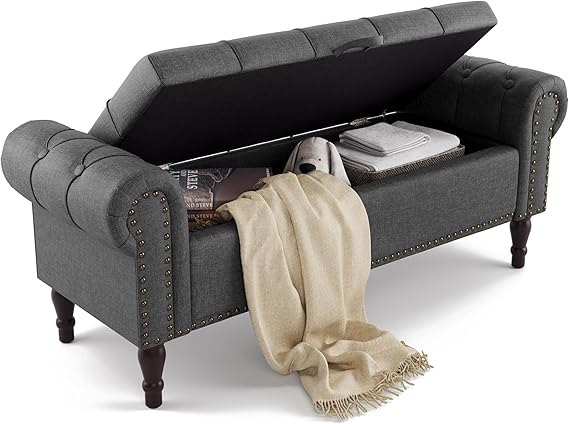 Storage Bench, 50” Queen Linen Tufted Button End of Bed Bench with Rolled Arm and Nailhead Trim, Upholstered Bedroom Bench, Ottoman Bench for End of Bed, Living Room, Entryway, Gray