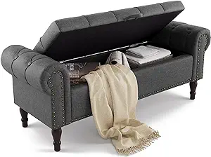 Storage Bench, 50” Queen Linen Tufted Button End of Bed Bench with Rolled Arm and Nailhead Trim, Upholstered Bedroom Bench, Ottoman Bench for End of Bed, Living Room, Entryway, Gray
