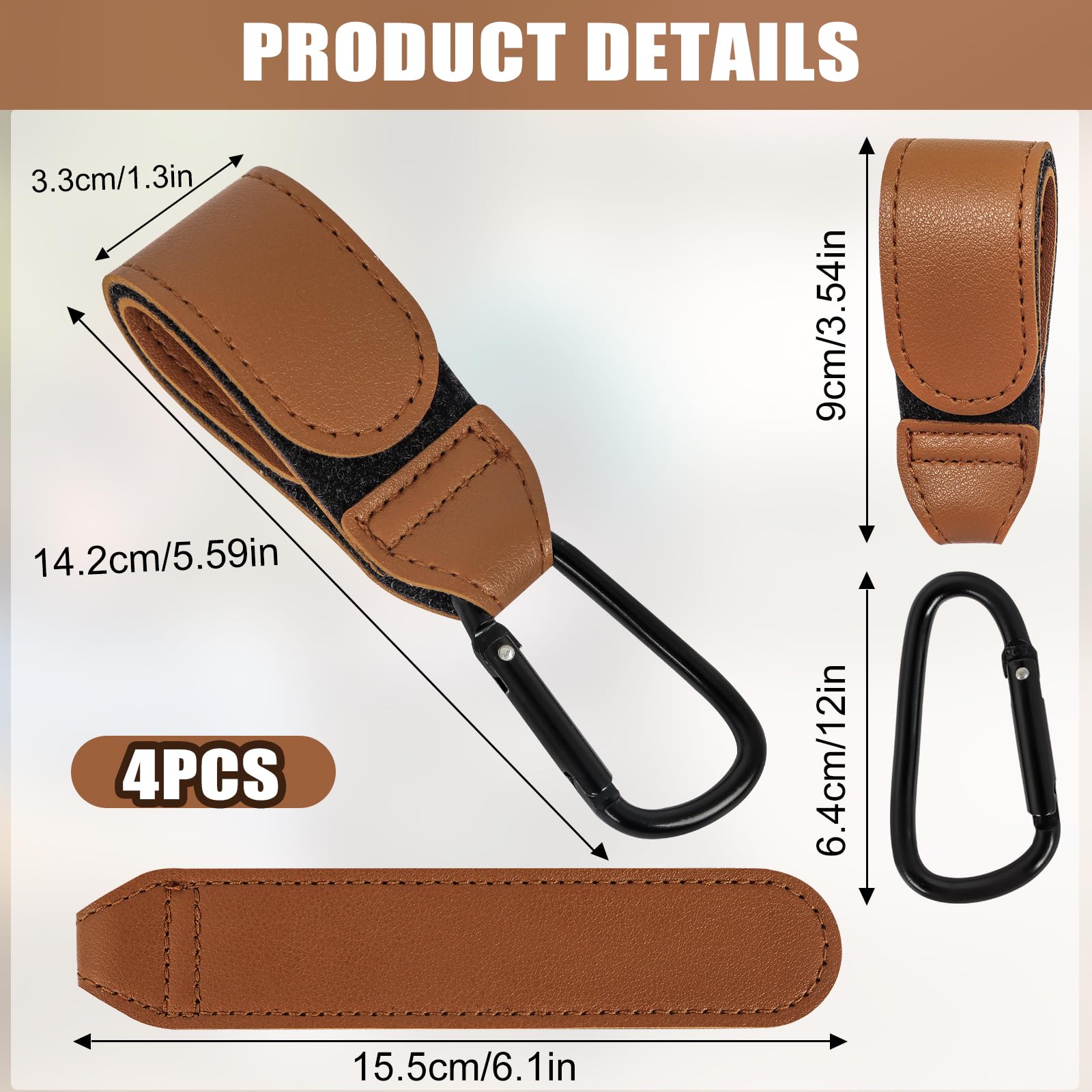 4 Pcs Leather Buggy Clips,Pram Hook Clip,Pram Rocker Clip for Bags Buggy Bike Rocker Clip,Universal Pram Accessories for Pushchair,Shopping Bag,Backpack(Brown) - Image 2