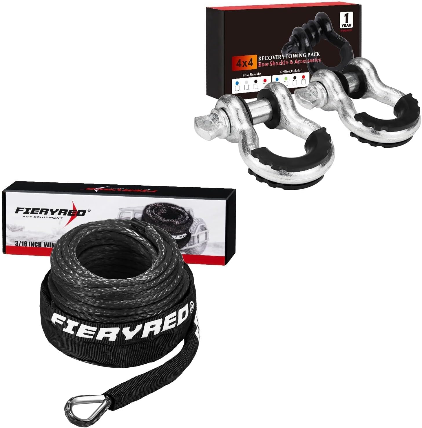FieryRed 3/16” Winch Rope Cable with 3/4 Inch D Ring Shackle