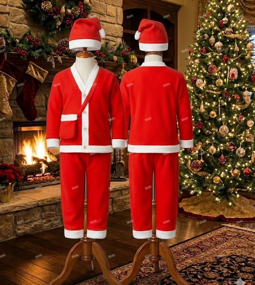 Image of Santa Claus Dress For Baby Boy Girl 0-6 Months 4Pc Set with Shirt Pant Hat Goodie Bag Warm Fleece Infant Christmas Fancy Dress Costume Newborn Xmas Gift Red Outfit Suit Prop