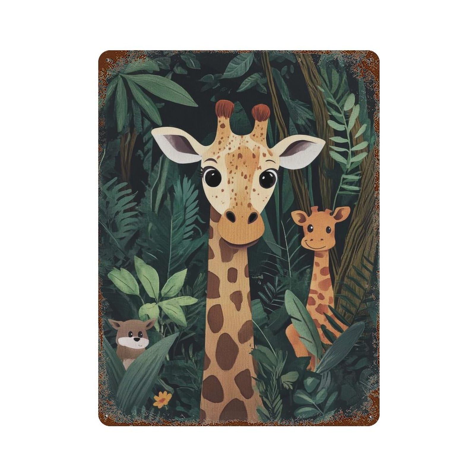 Rusty Metal Tin Sign Giraffe Family in Jungle 15.7"x11.8", Industrial Home Decor for Patio, Garden Room And Bar Decor
