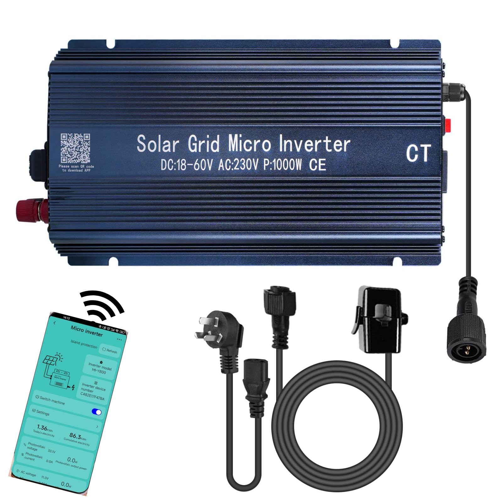 BuyWeek Grid Tie Inverter Micro inverter solare MPPT da 1000 W a onda sinusoidale pura con APP Tuya, anti-controcorrente, ingresso 22-60 V CC, uscita 230 V CA, for centrale elettrica da balcone con pa