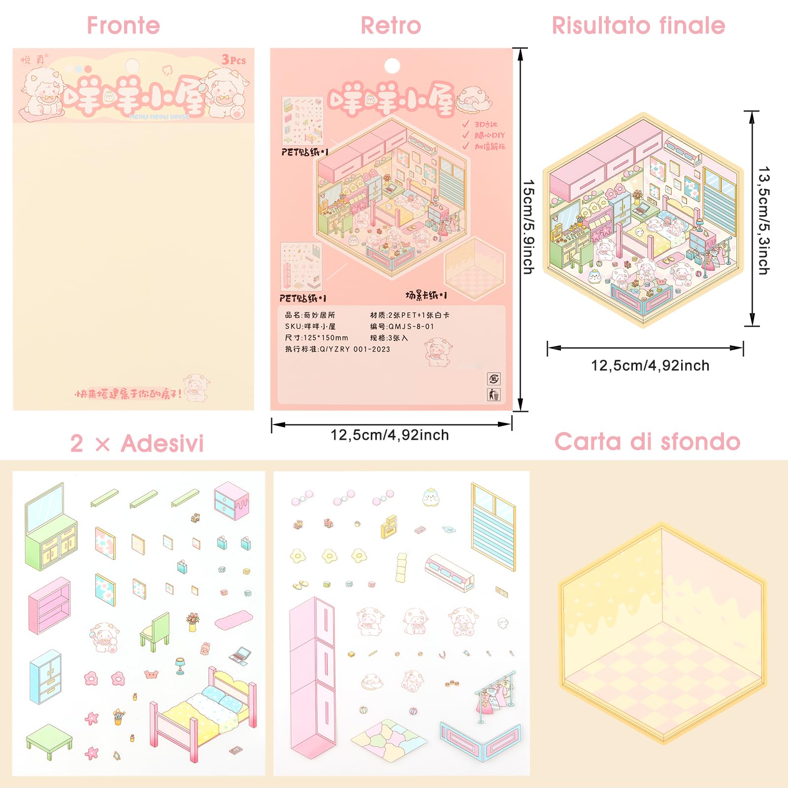 Set Di 40 Adesivi 3D Fai Da Te Per Casa – Kit Terapeutico Antistress Con 56 Adesivi In PET, 40 Cabine In Miniatura E 2 Pinzette – Regalo Creativo Per Adulti E Bambini Dai 3 Anni - 3
