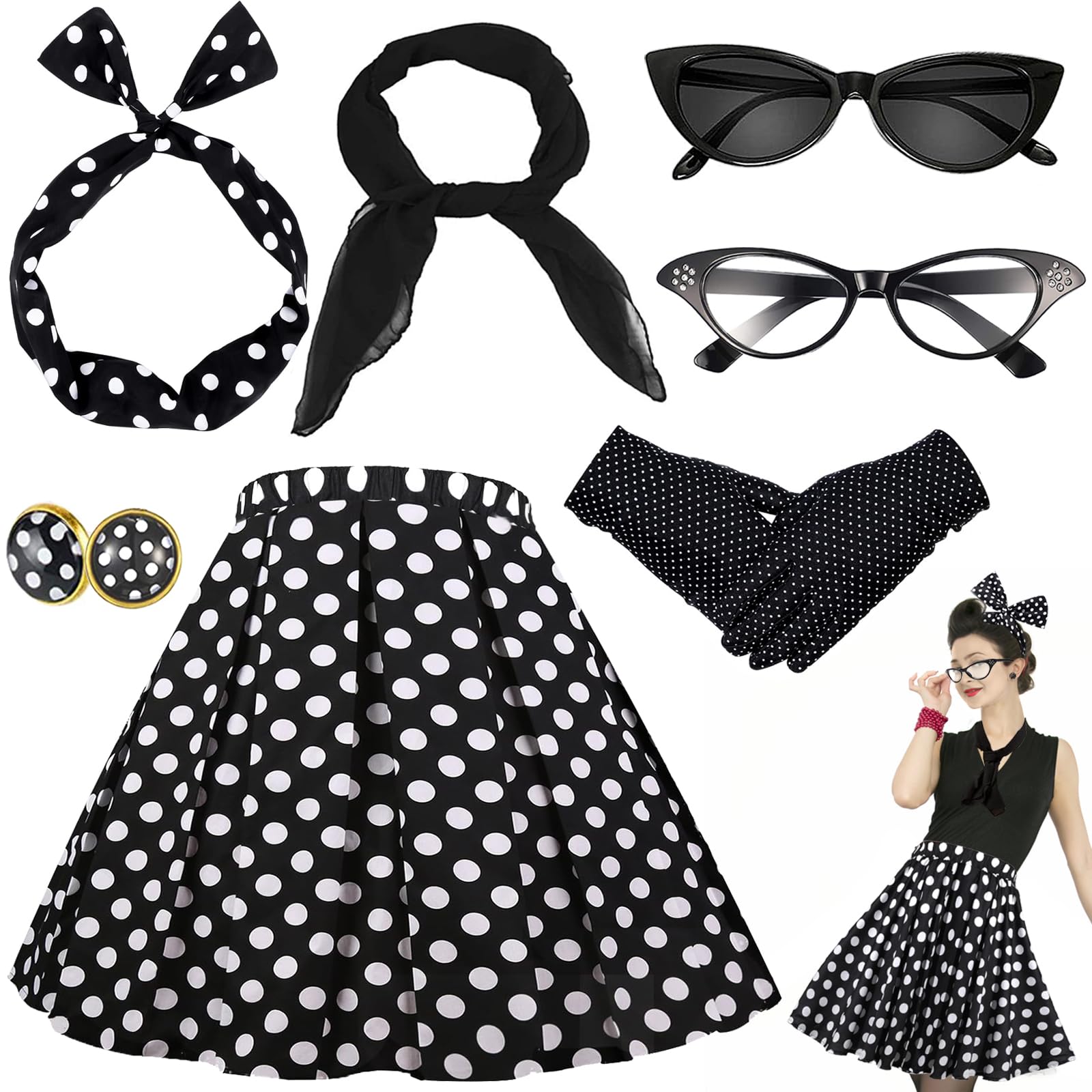Exojoy 7Pcs 50s Fancy Dress Costume Accessories for Women, 1950s Polka Dot Skirt Kit with Eye Glasses Bandana Tie Headband Silk Scarf Earrings Gloves for Ladies Retro Party
