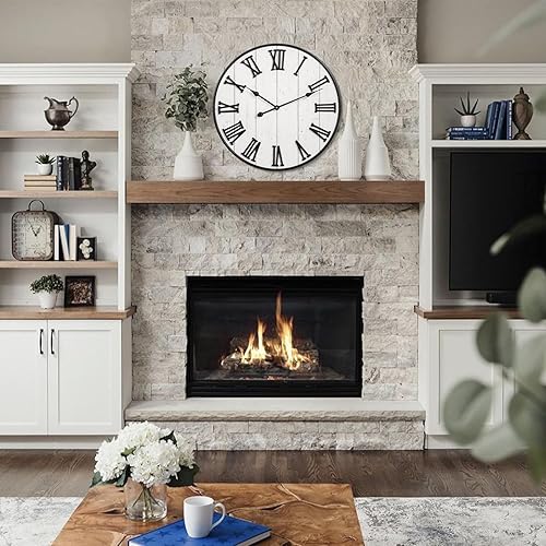 Miniatura 6 de MODE HOME Reloj de pared grande de madera rústica, de 24 pulgadas, con números romanos tallados, reloj redondo vintage silencioso a pilas para sala