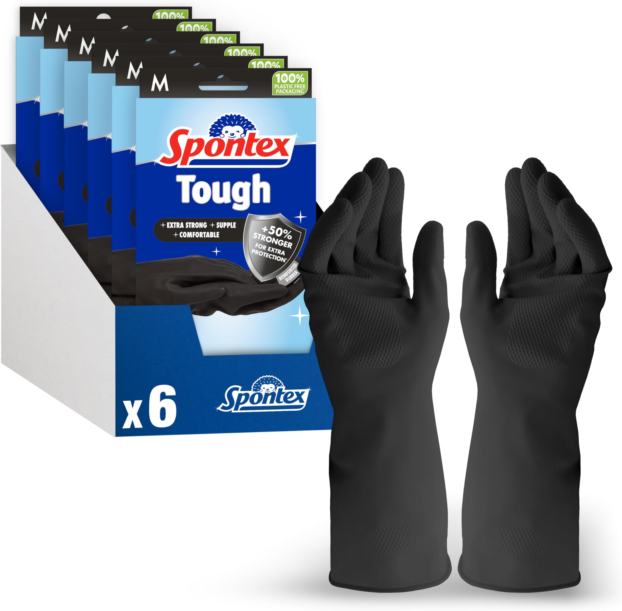 SpontexTough Household Gloves - Medium Size - Extra Strong - Supple - Comfortable - 6 Pairs