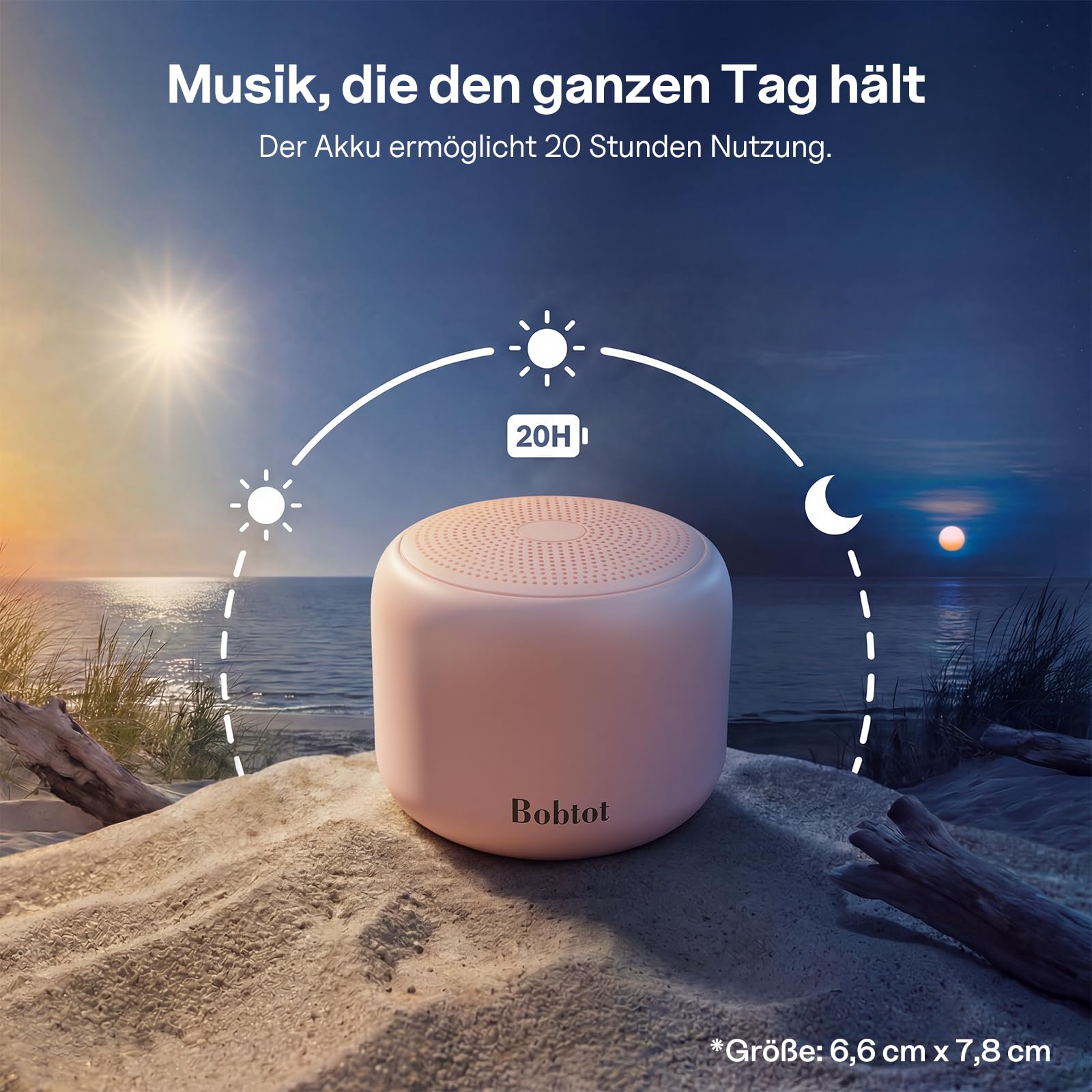 Bobtot Tragbare Bluetooth-Lautsprecher mit Trageband – Kabellos, Wasserdichter klein Lautsprecher mit kraftvollem Stereoklang, 15 Stunden Spielzeit, wiederaufladbar, Integriertes Mikrofon, Rosa