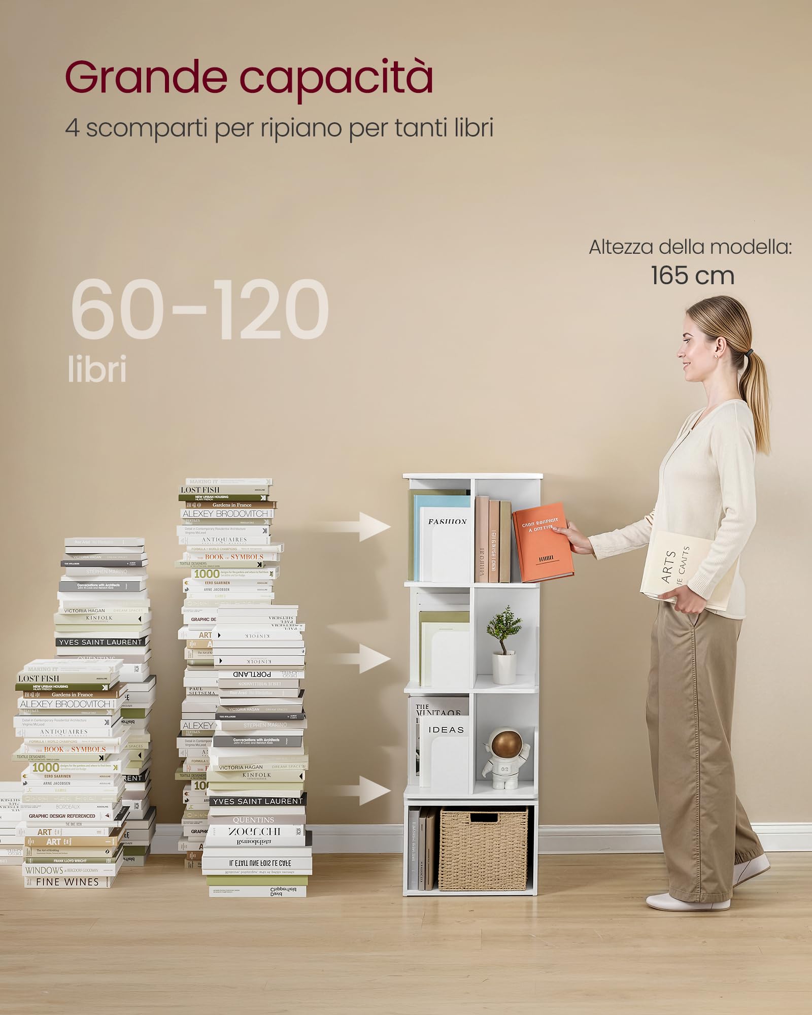VASAGLE CUSTOS Collezione - Libreria Scaffale Girevole a 360°a 4 Ripiani, Scaffale Portaoggetti, Scomparti Aperti, 40 x 40 x 124,6 cm, per Camera da Letto Soggiorno Studio, Bianco Nuvola LBC471WB01