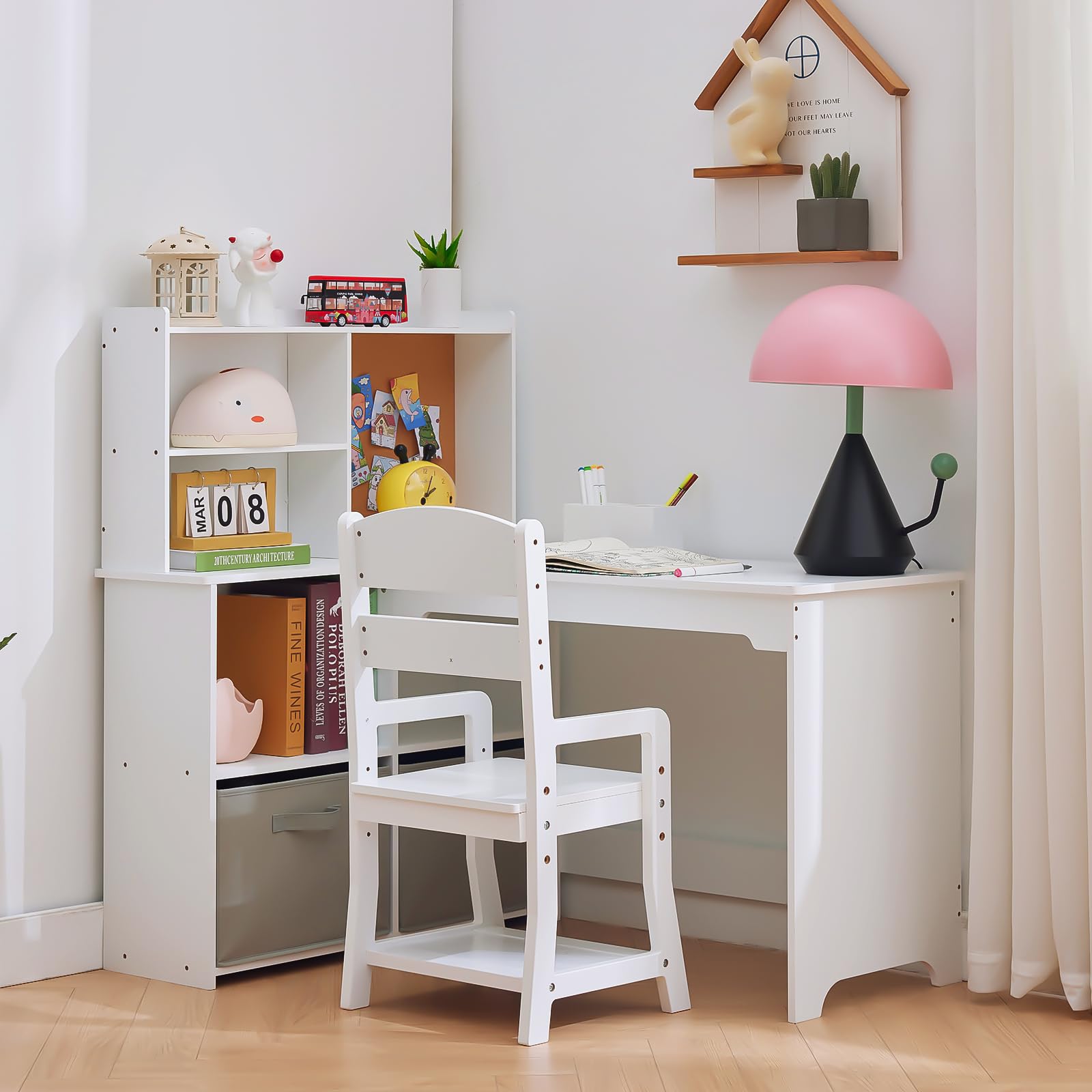 Kinderschreibtisch Set, Schreibtisch Kinder Mit Stuhl Aus Holz, Schülerschreibtisch Mit Bücherregal, Schrank & Pinnwand, Jugendschreibtisch Für Kinder Ab 3 Jahren, Weiß
