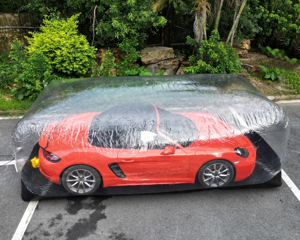 Portable Inflatable Car Cover Garage Tent Airtight Ultimate Shield Outdoor/Indoor Car Bubble Vehicle Shelter for Car Parking Painting Washing and Storage (Transparent+Black, 4.9m L×2.0m W×1.73m H)