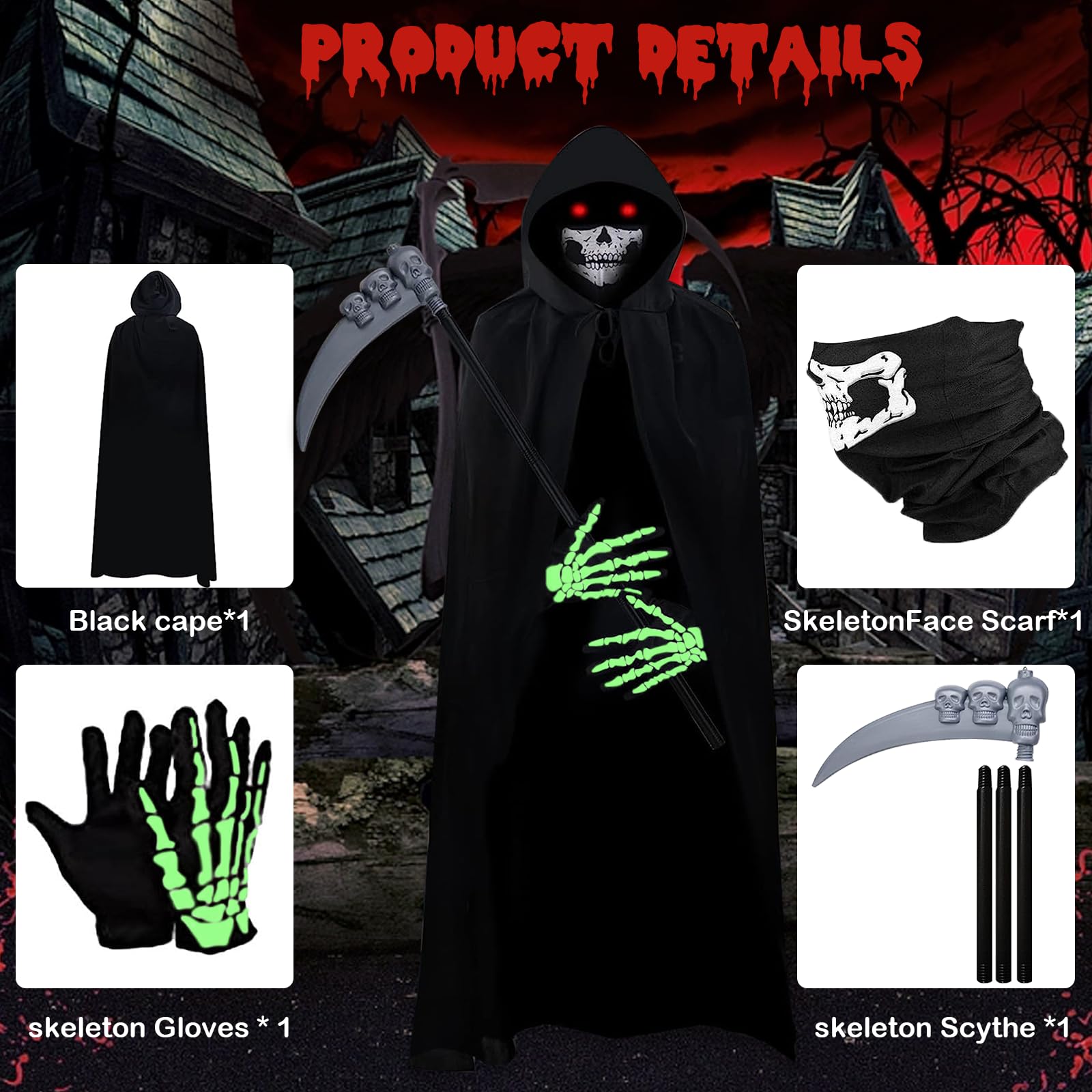 IKIJM Costumi Halloween, Mantello con cappuccio del Mietitore + Falce+Maschera Teschio+Guanti Scheletro, Adulto Costume di Halloween Capo Masquerade Halloween Fantasma Up Party