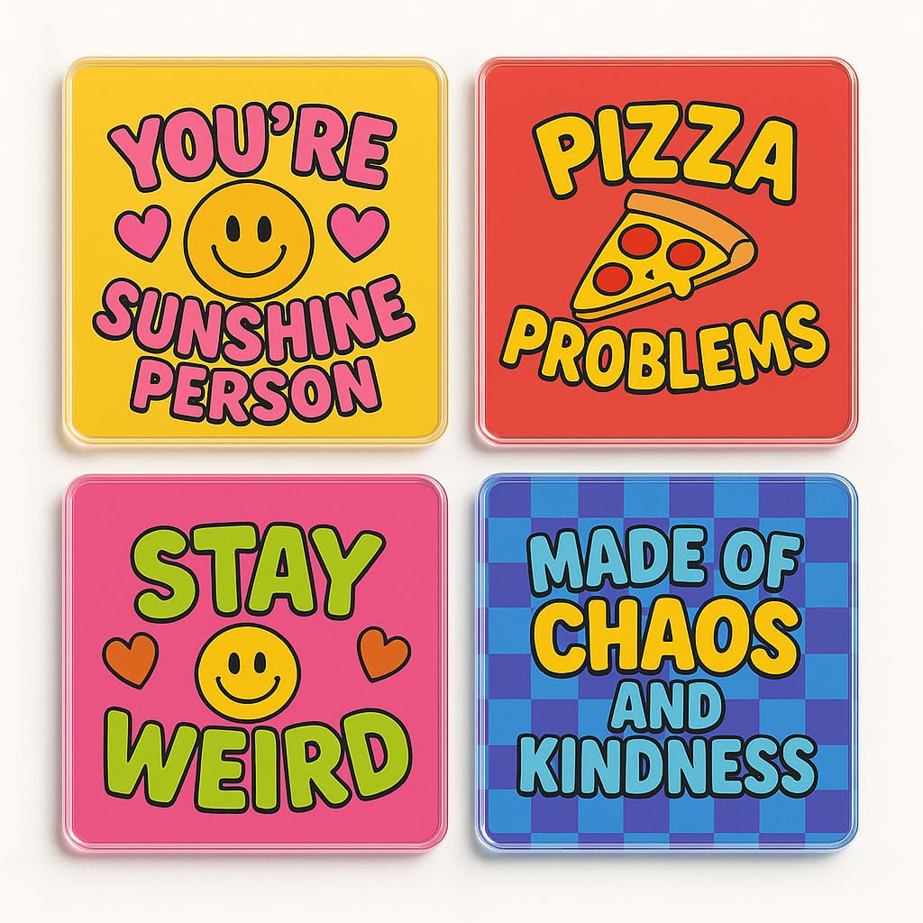 The Plum Penguin Sunny Chaos Vibes Acrylic Coaster Gift Set Of 4 With Quirky Teen Doodles - Vibrant For Friendship Celebrations