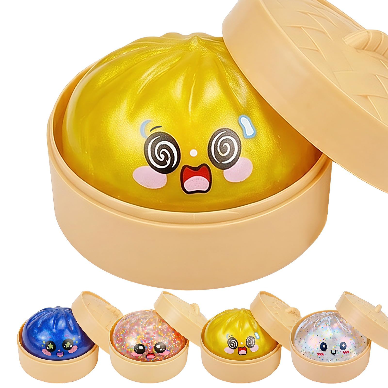Glitter Dumpling Squishies with Steamers,Soft Squeeze Decompression Toys for Anxiety Relief,Kawaii Bun Stress Fidgets Toys for Adults,Stretchy Pull Toy for Party Favors (Gold-2)