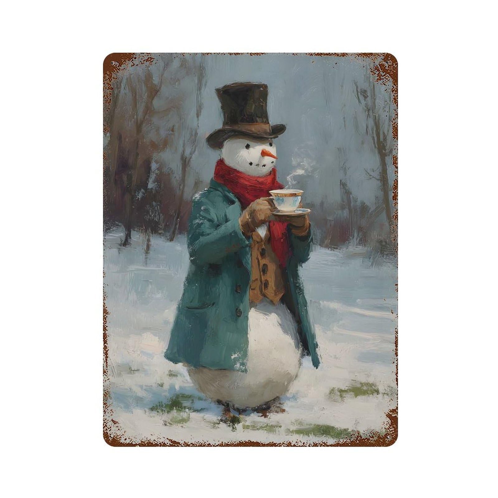 Snowman with Tea Cup Painting Rust Effect Tin Sign 15.7"x11.8", Old School Wall Decor for Farmhouse, Kitchen And Entryway Decor