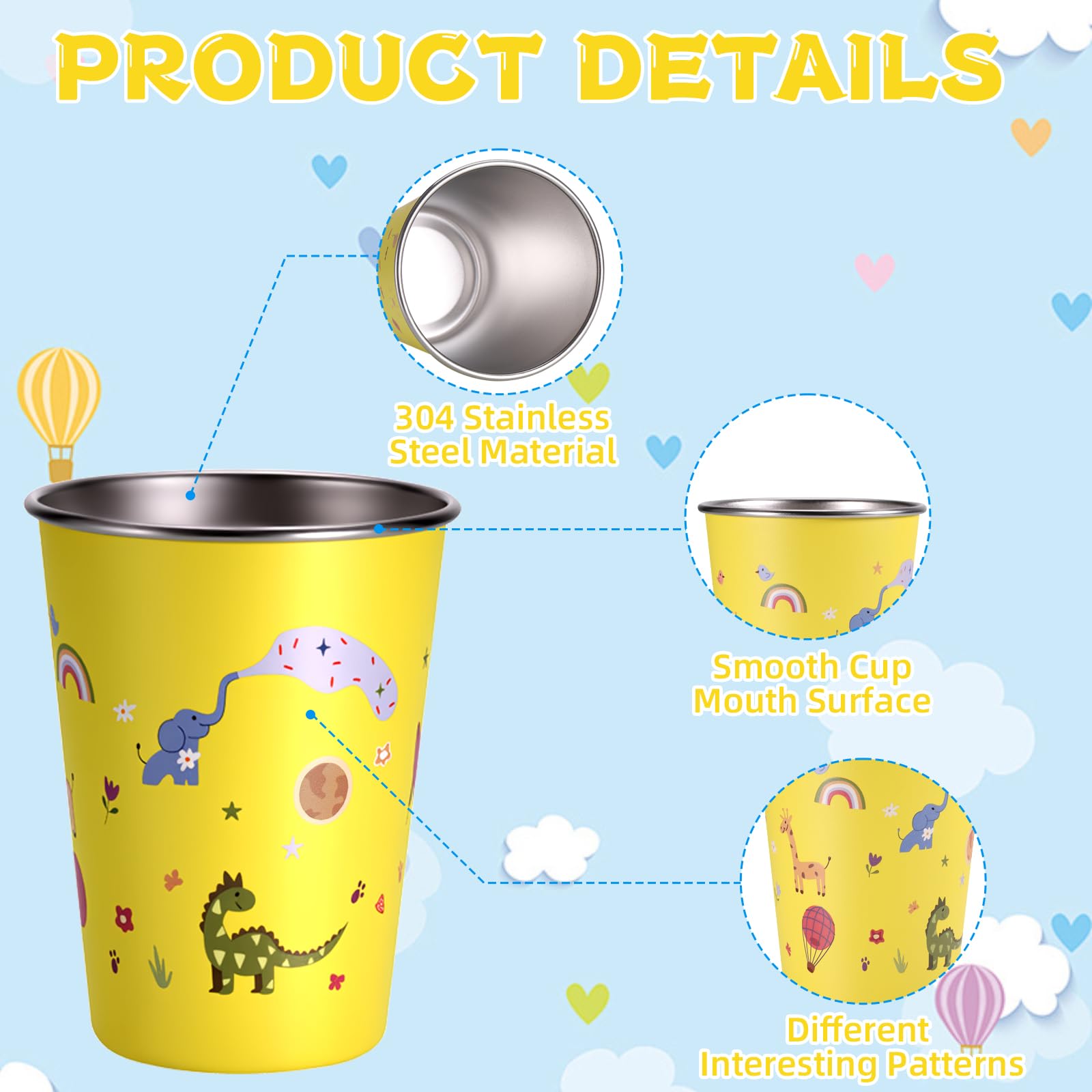 Hejo 4 Pièces Tasse Inox pour Enfant, 350ml Gobelets Réutilisables pour Filles et Garçons, Tasse Inox Incassable pour École, Maison, Plein Air