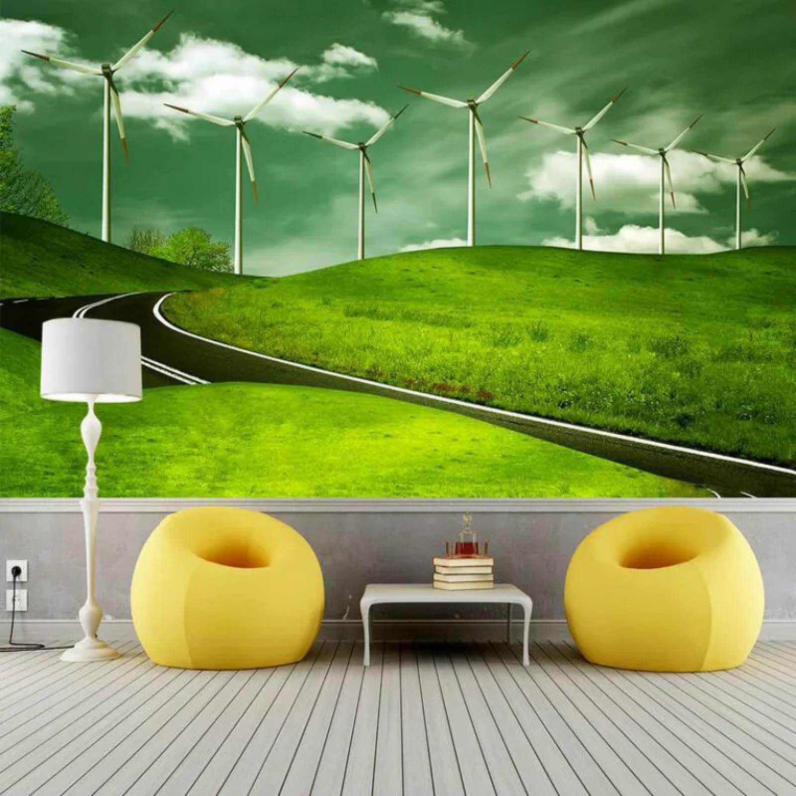 Papier peint moulin à vent paysage vert pour décoration de chambre d'enfant