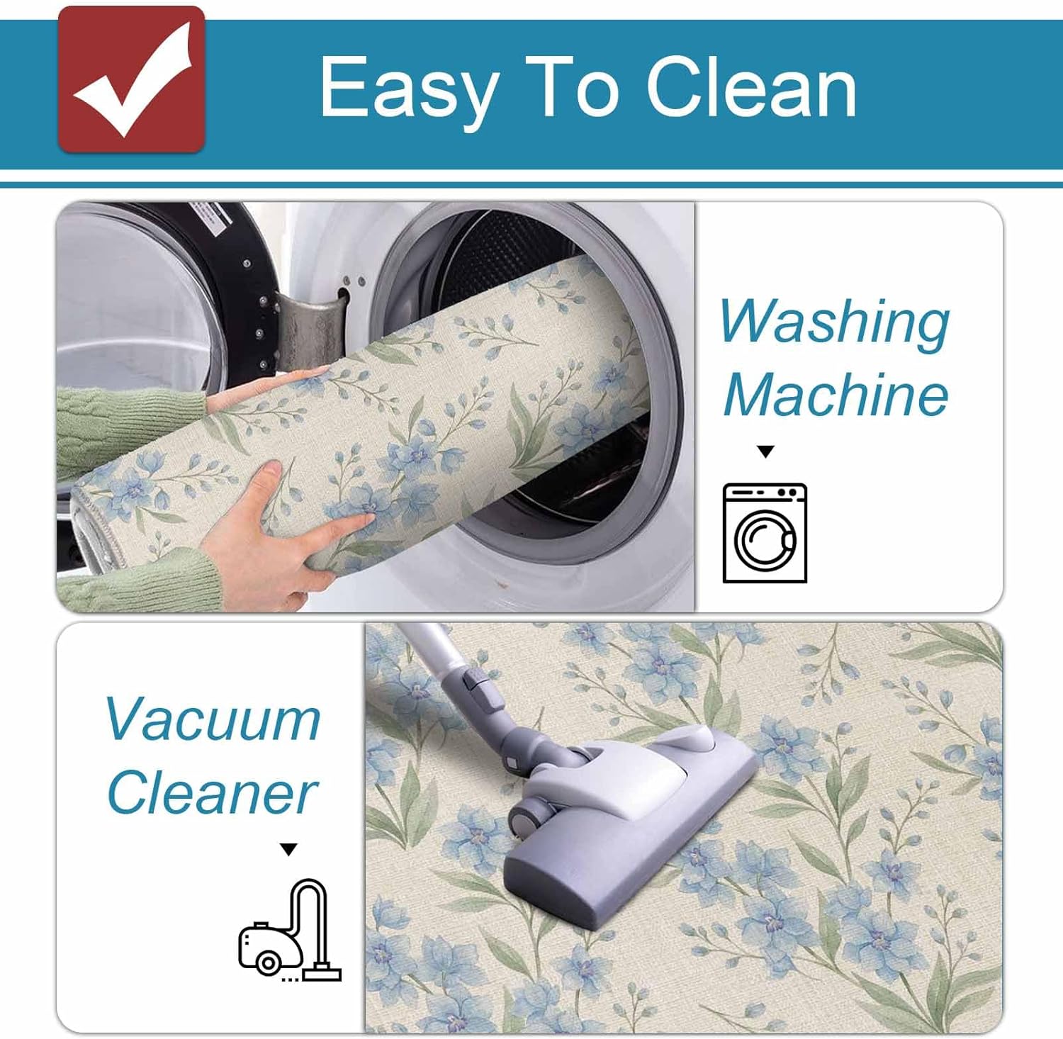 Prime Leader Summer Flower Kitchen Mat Set 2 Pieces Watercolor Blue Floral Plants Rustic Linen Texture Non Slip Kitchen Rugs Washable Runner Rug Mats for Sink Laundry (15.7" x 23.6"+15.7" x 47.2")
