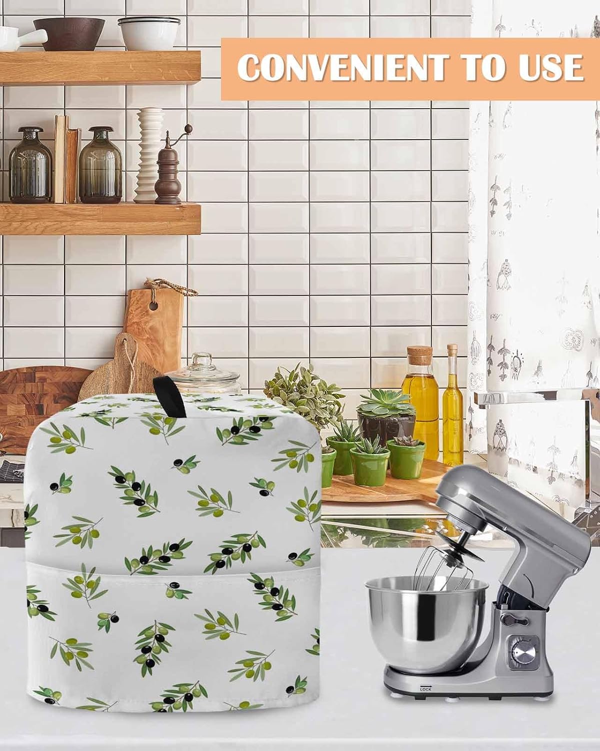 Green Olive Branches Stand Mixer Cover with Storage Pocket, Waterproof Kitchen Mixer Covers, Spring Pastoral Leaves Botanical Kitchen Appliance Dust Cover Compatible with 4/4.5 Quart Mixers