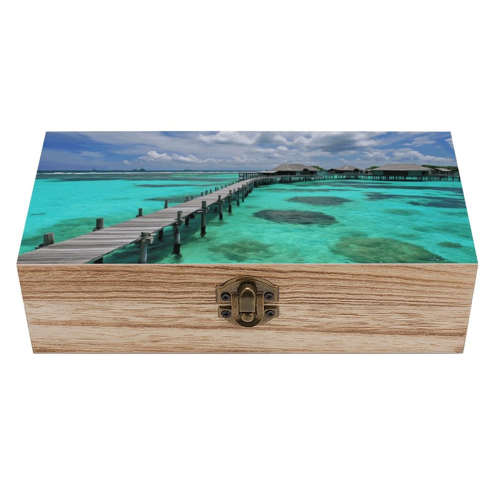 DWVTSLH Maldives Scenery Wooden Storage Box Locked Wood Gift Box Decorative Keepsake Boxes Storage Bins, Memory Boxes for Pictures, Jewelry Organizer Unique Gift Ideas for Men Women