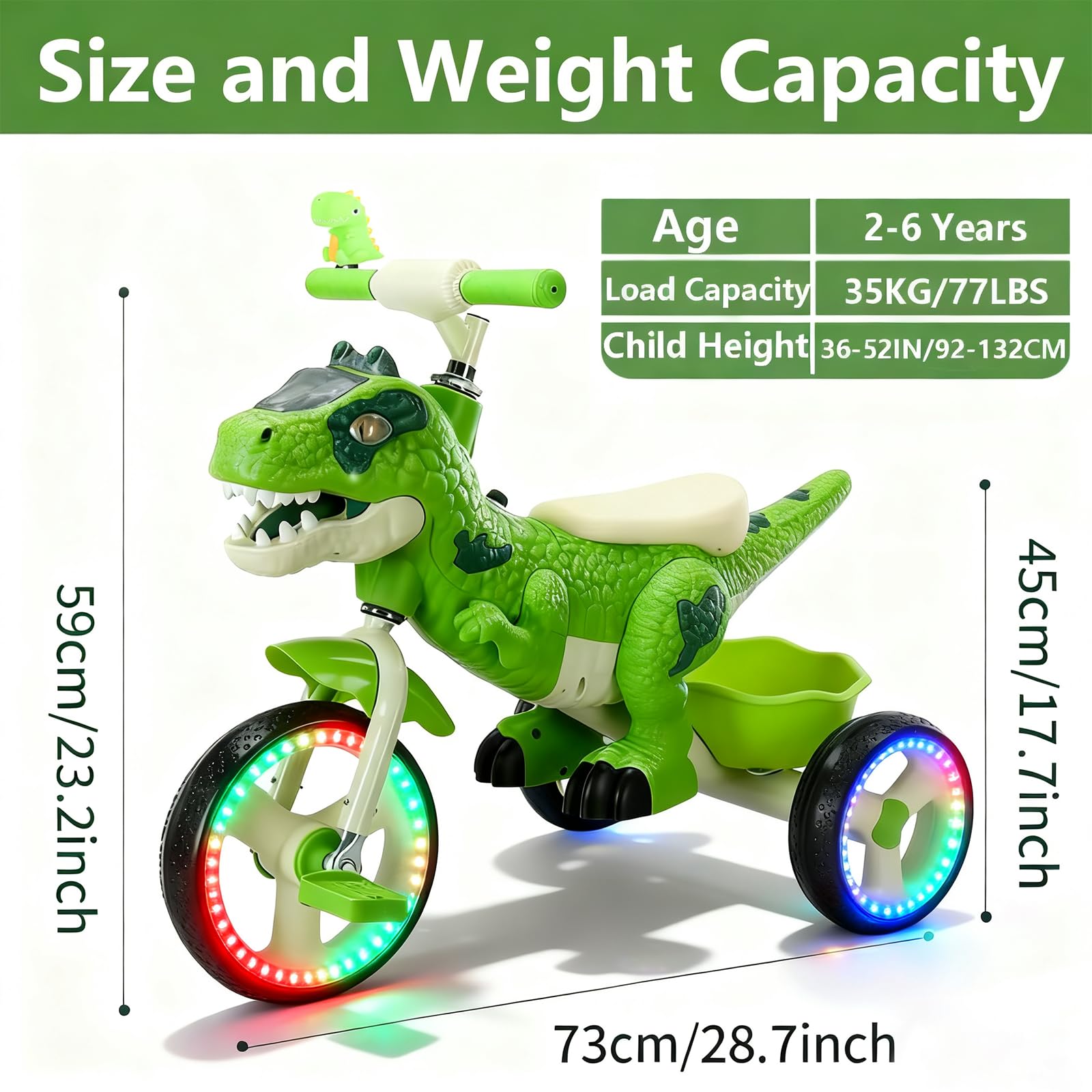 NMM Triciclo Dinosauro Con Clacson e Cesto Portaoggetti, Triciclo Bambini 2, 3, 4, 5, 6 Anni, Con Musica e Luci, Regali di Compleanno e Natale Adatti a Bambini e Bambine - Verde