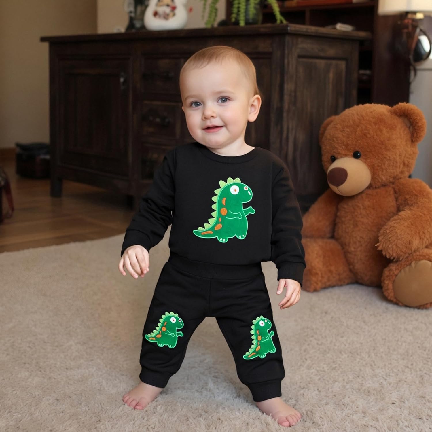 wdehow Toddler Baby Boy Fall Clothes Dinosaur Embroidered Long Sleeve Sweatshirt Elastic Waist Pant Set Winter Outfits - Image 2