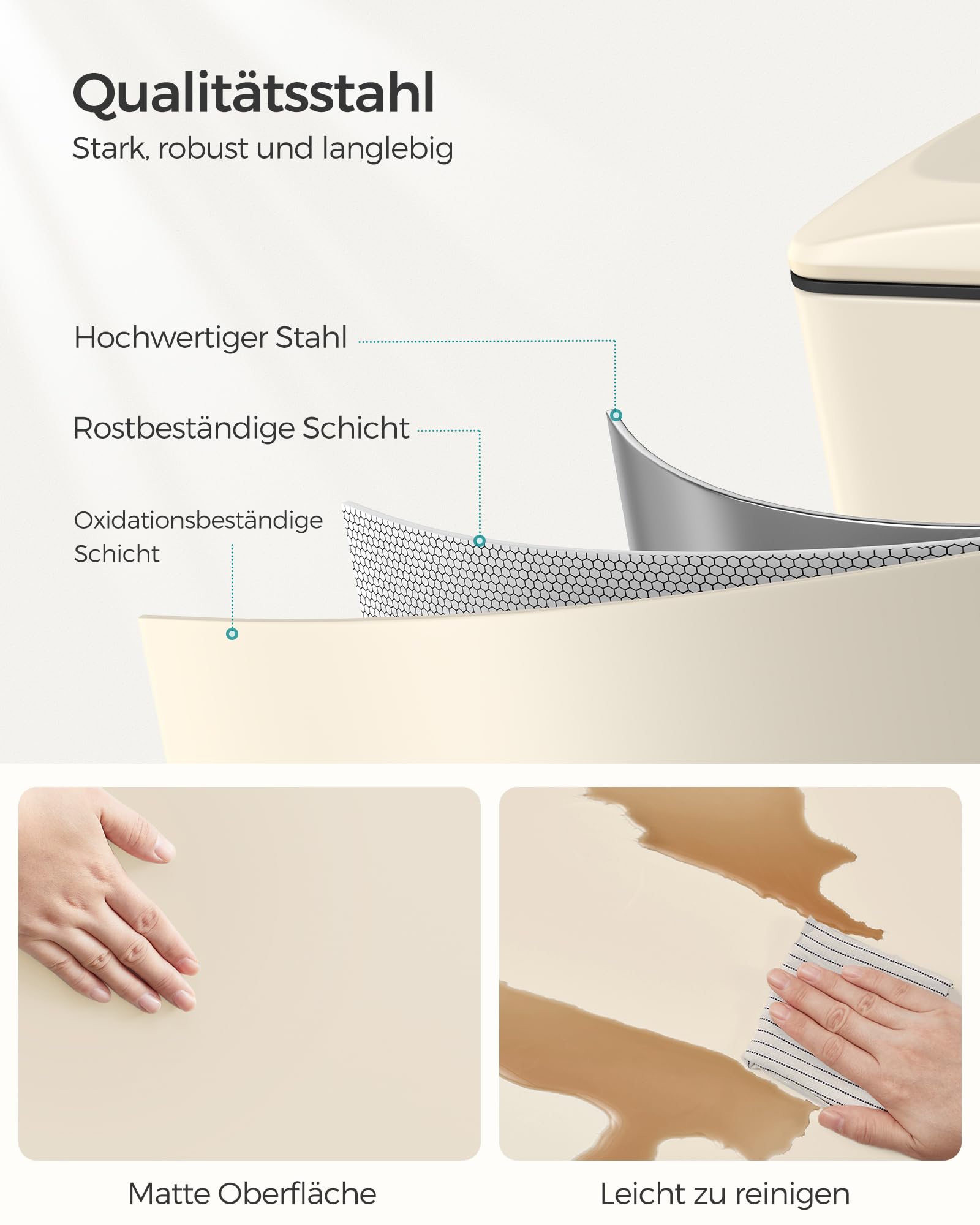 SONGMICS Mülleimer Küche, Abfalleimer aus Edelstahl, Inneneimer aus Kunststoff, mit Deckel, Softclose, 51 x 26 x 63 cm, LTB510A02