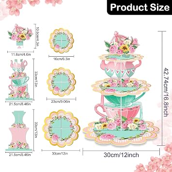 3Tier Cupcake Stand Holder, Floral Tea Party Decorations Dessert Cupcake Tower Afternoon Tea Stand, Cake Stand for Party Princess Princess Birthday Flower Theme Wedding Party, Tea Party Decor.