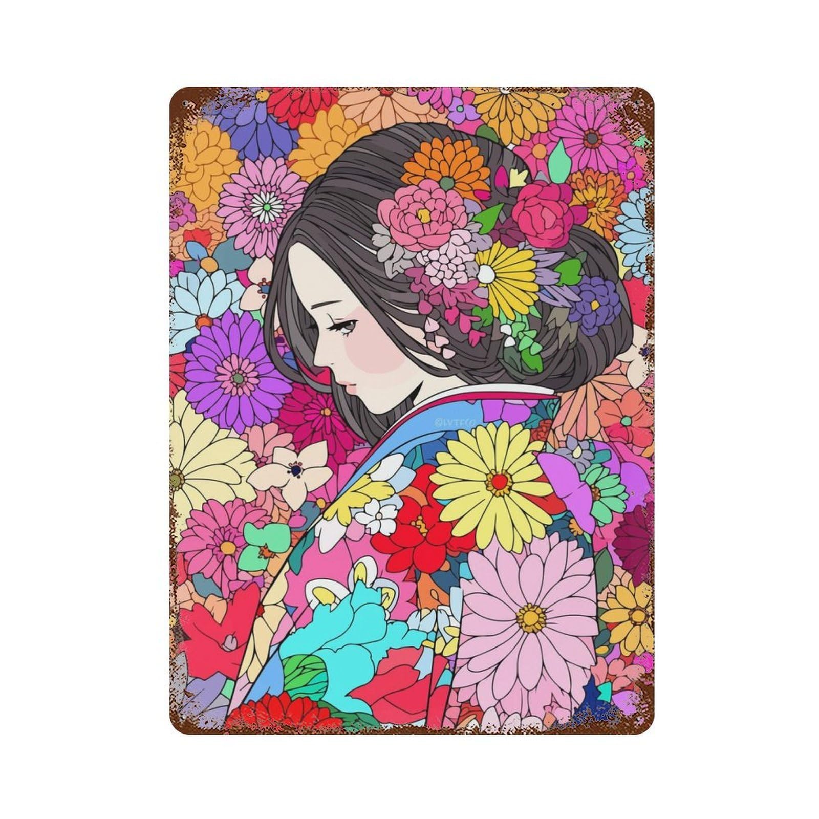 Kimono Japanese Art Aged Metal Wall Plaque 15.7"x11.8", Industrial Home Decor for Pub, Kitchen And Man Cave Decor