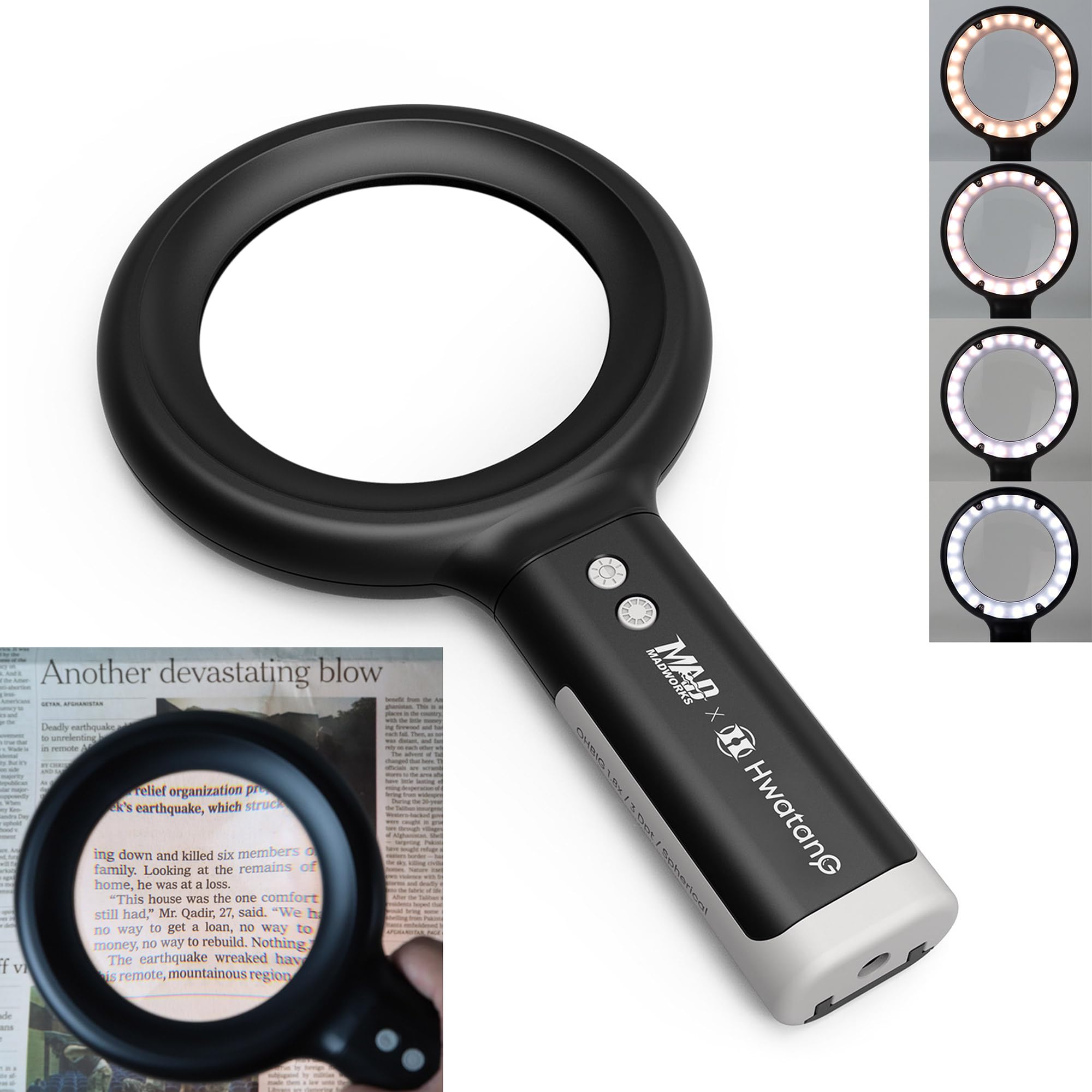 HWATANG OHBIG - Lupa LED de tonificación de atenuación de 2.3x/5D/100 mm, lente óptica de vidrio blanco K9, montaje de modelo, soldadura, inspección de la piel, luz de anillo Ra>90, lupa de lectura