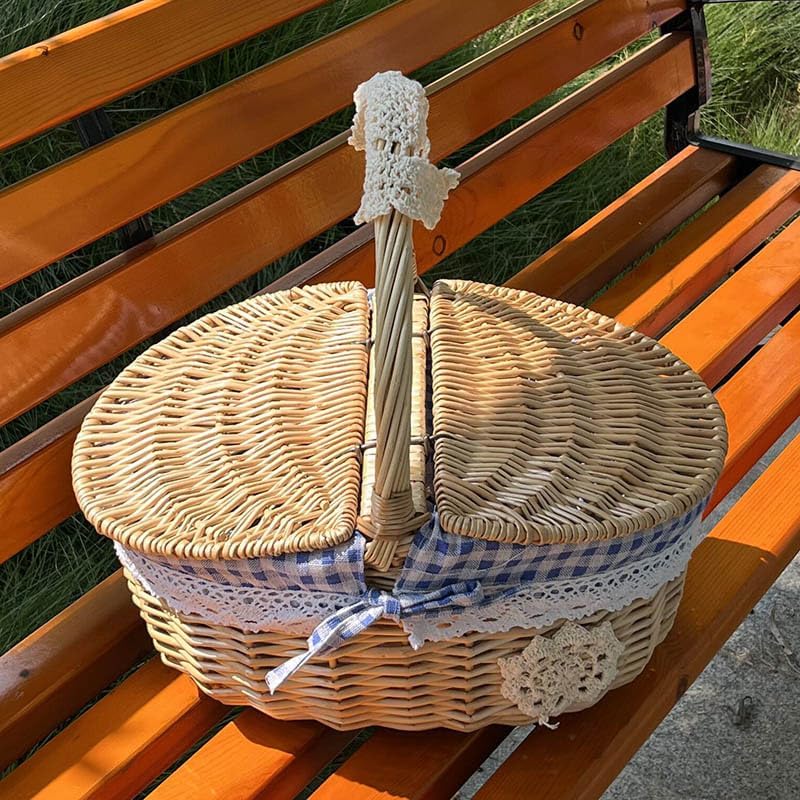Outdoor Picnic Basket Rattan Willow Flower Basket Shopping Hotel Cleaning Tools Basket Rustic Basket with Lid (blue)